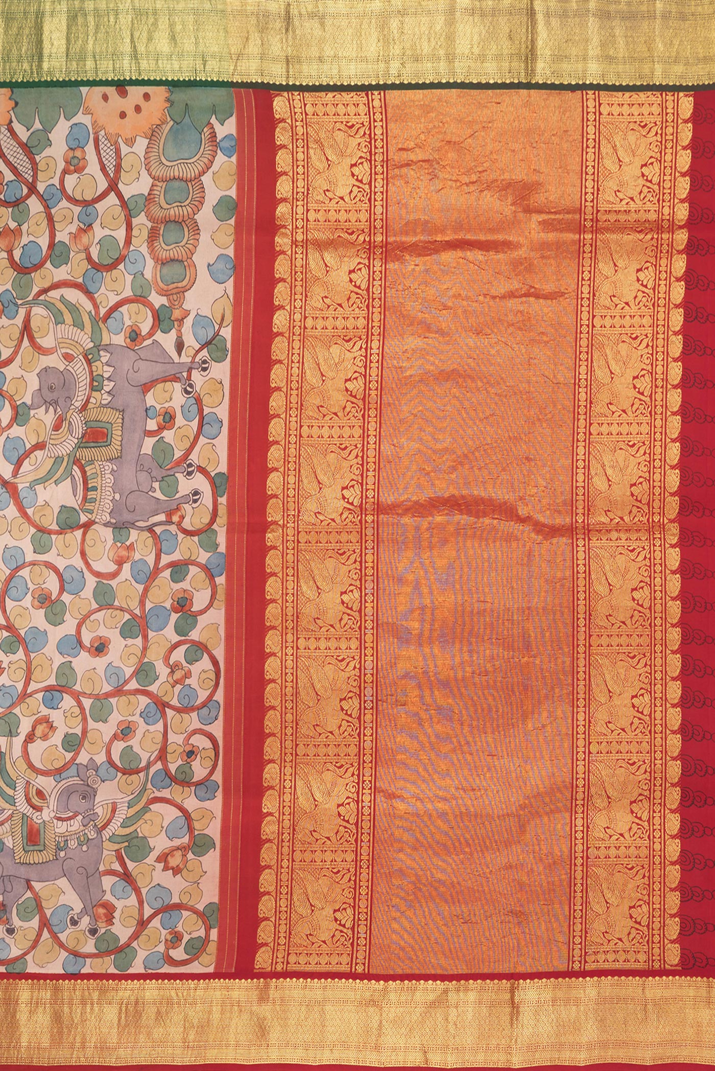Close up image of the pallu of Beige Dual Tone Kanchipuram Silk Saree with kalamkari Print on the body and Zari Border. 