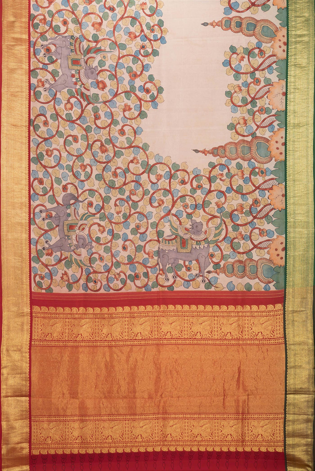 Flat view of Beige Dual Tone Kanchipuram Silk Saree with kalamkari Print on the body and Zari Border. 