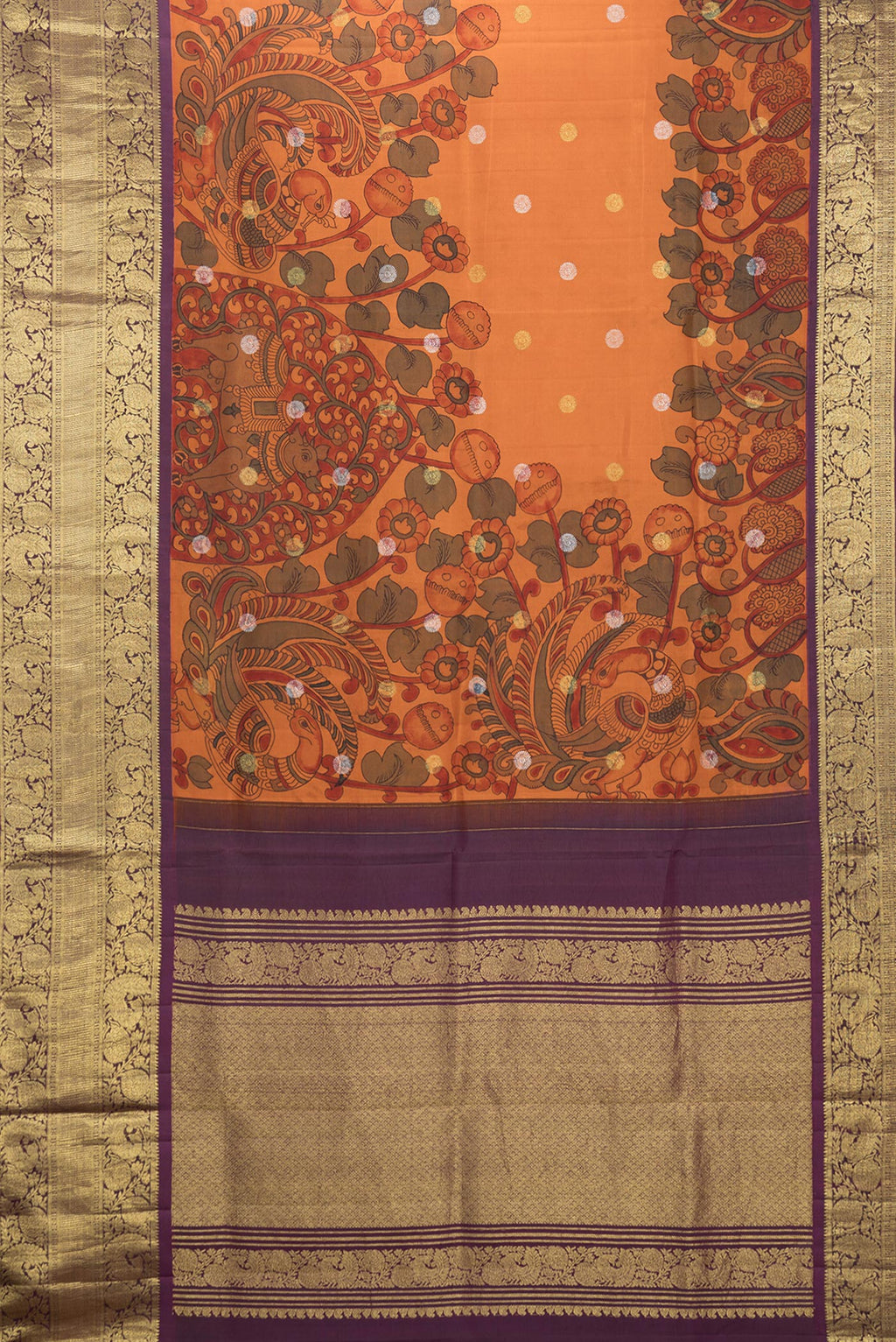 Flat view of Orange Dual Tone Kanchipuram Silk Saree with kalamkari Print on the body and Zari Border. 