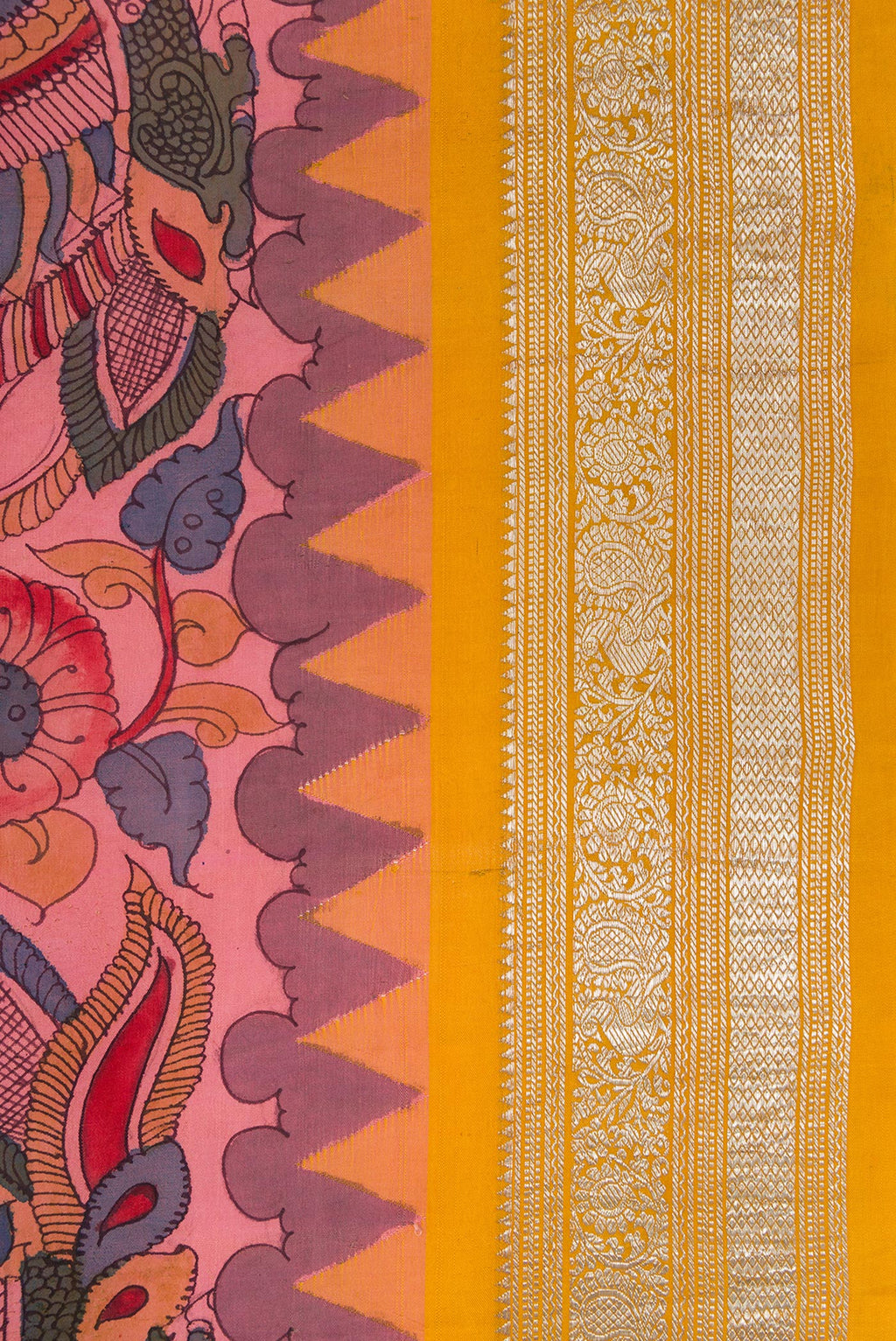 Border image of Rose Gold Dual Tone Kanchipuram Silk Saree with kalamkari Print on the body and Zari Border. 