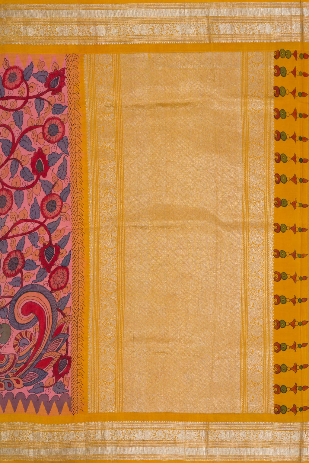 Close up image of the pallu of Rose Gold Dual Tone Kanchipuram Silk Saree with kalamkari Print on the body and Zari Border. 