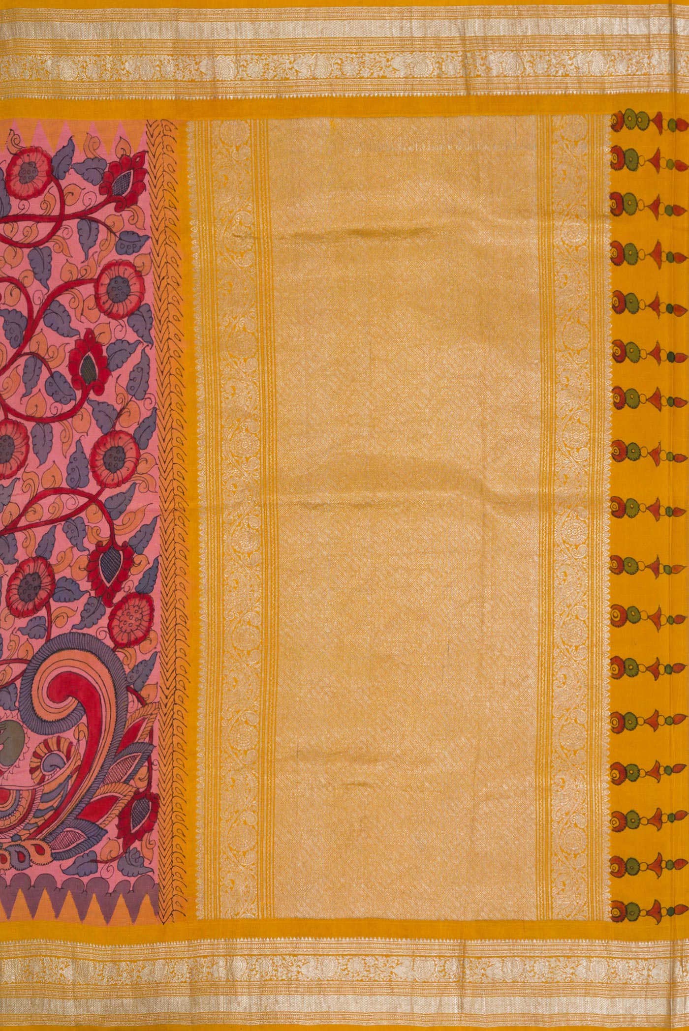 Close up image of the pallu of Rose Gold Dual Tone Kanchipuram Silk Saree with kalamkari Print on the body and Zari Border. 
