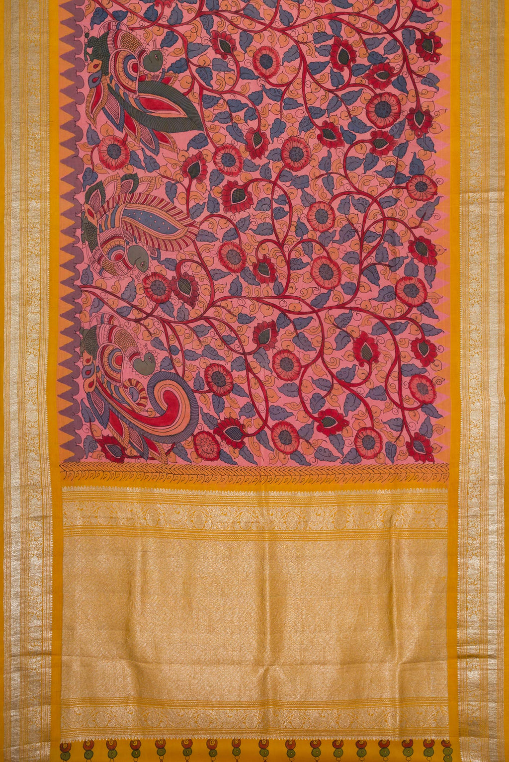 Flat view of Rose Gold Dual Tone Kanchipuram Silk Saree with kalamkari Print on the body and Zari Border. 