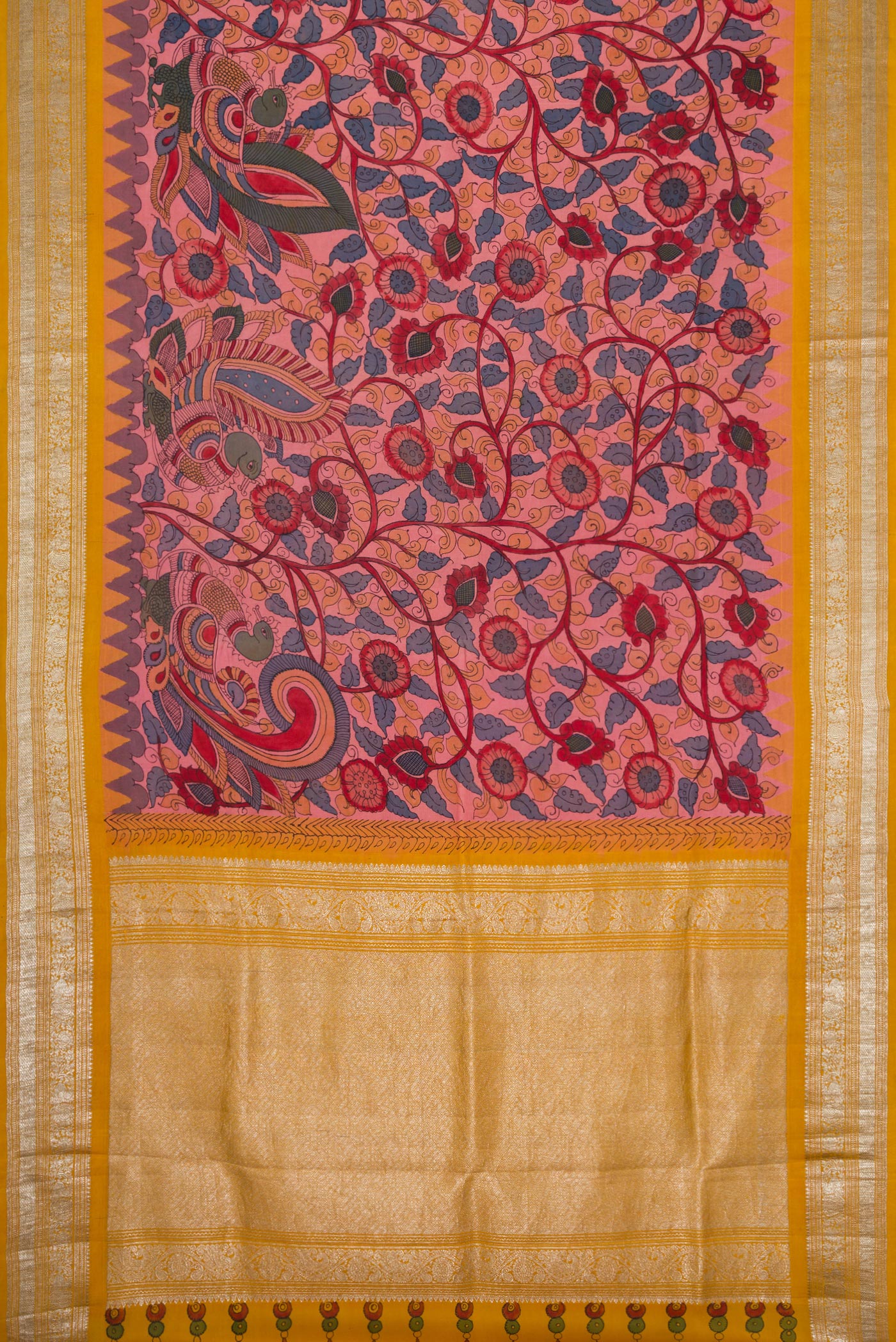 Flat view of Rose Gold Dual Tone Kanchipuram Silk Saree with kalamkari Print on the body and Zari Border. 