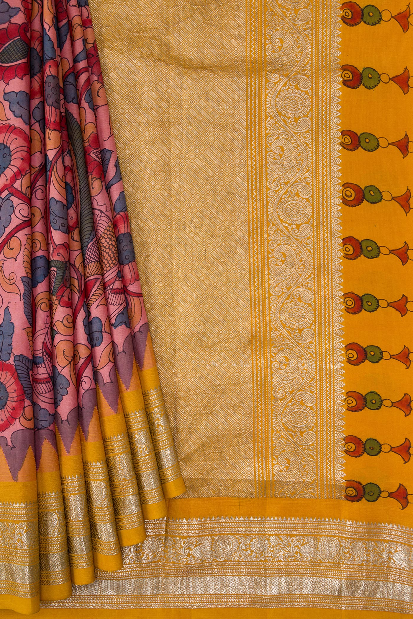 Pleats and pallu of Rose Gold Dual Tone Kanchipuram Silk Saree with kalamkari Print on the body and Zari Border. 