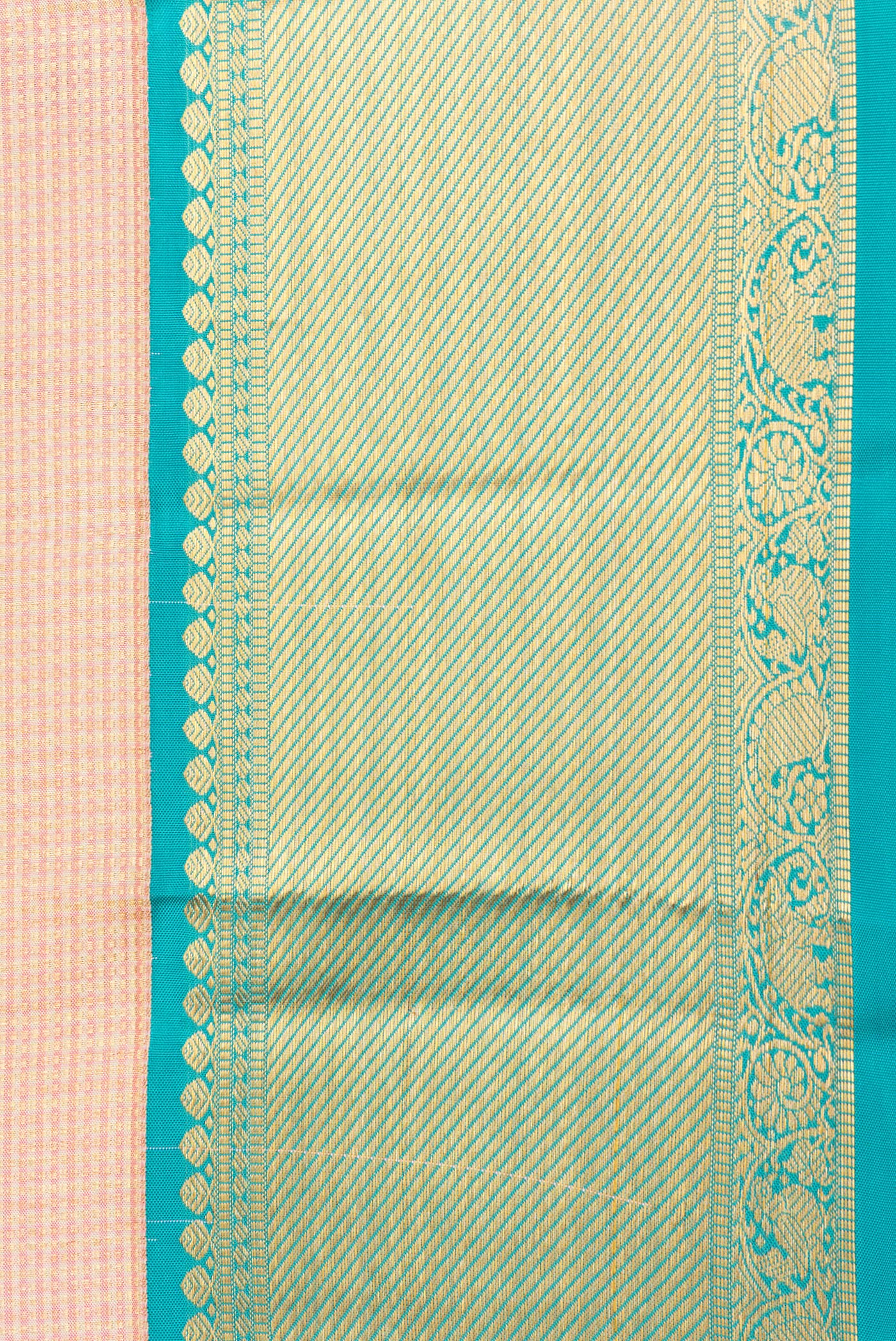 Border image of Golden Peach Dual Tone Kanjivaram Silk Saree with Checked design on the body and Zari Border. 