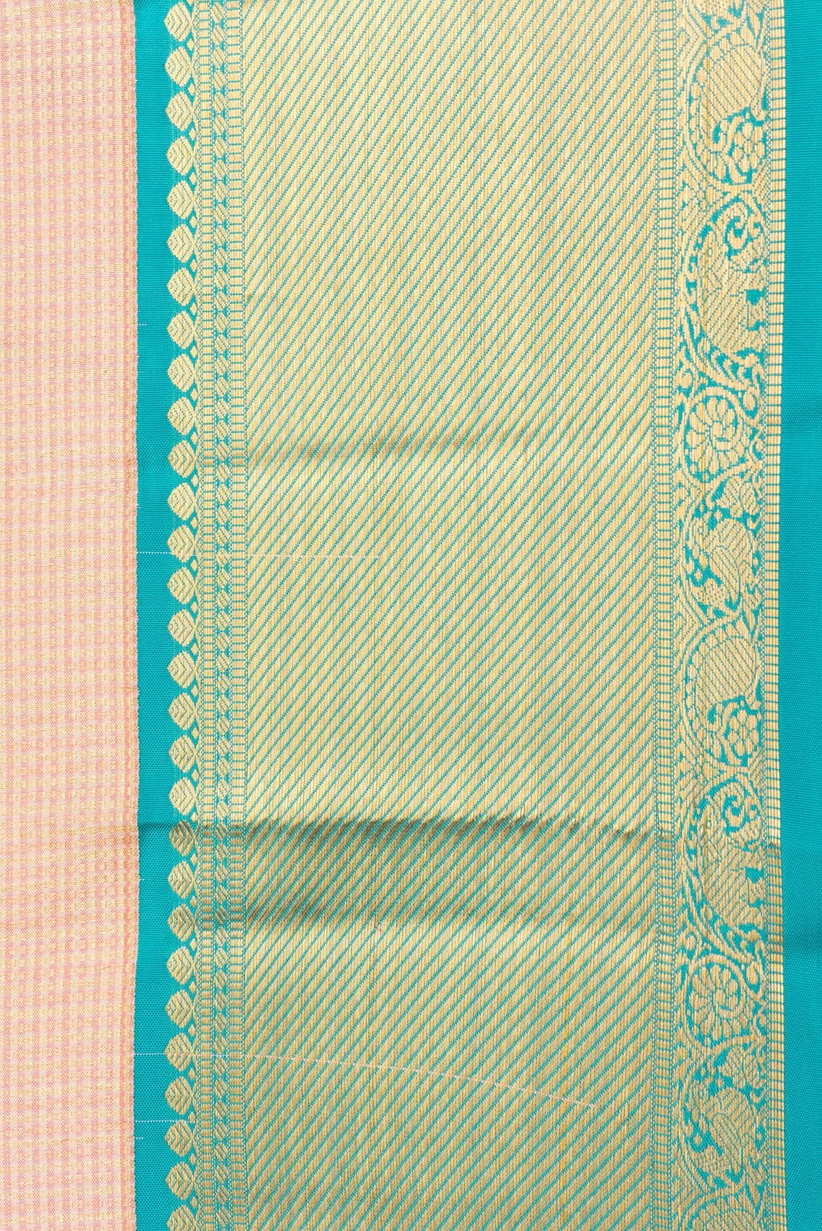 Border image of Golden Peach Dual Tone Kanjivaram Silk Saree with Checked design on the body and Zari Border. 