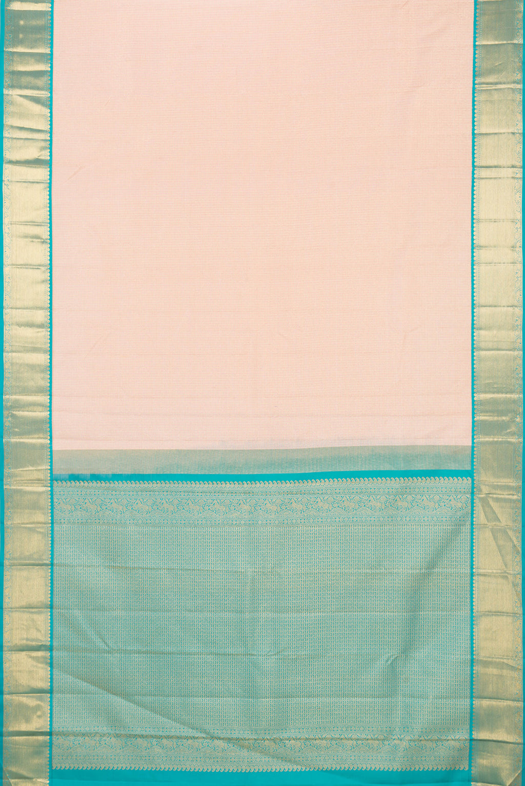 Flat view of Golden Peach Dual Tone Kanjivaram Silk Saree with Checked design on the body and Zari Border. 