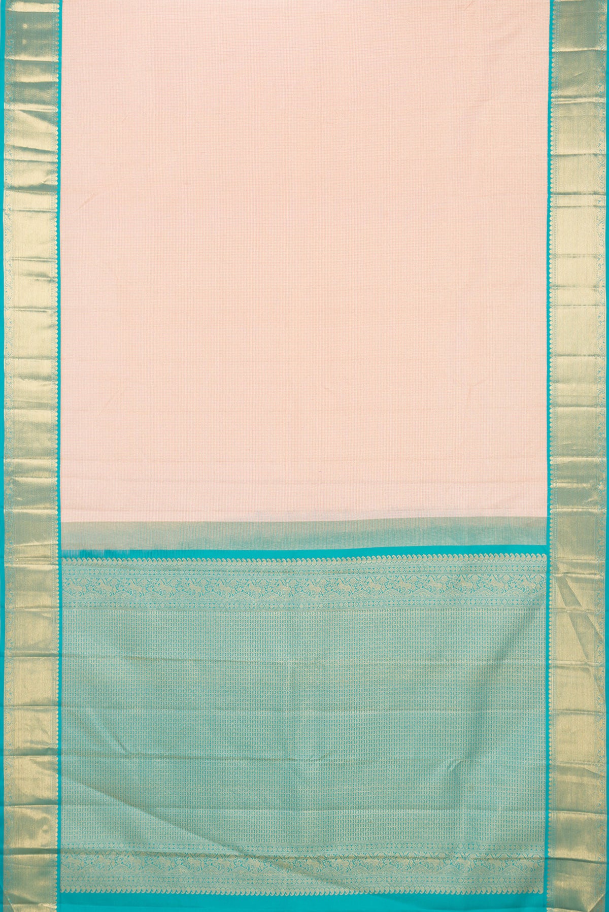 Flat view of Golden Peach Dual Tone Kanjivaram Silk Saree with Checked design on the body and Zari Border. 