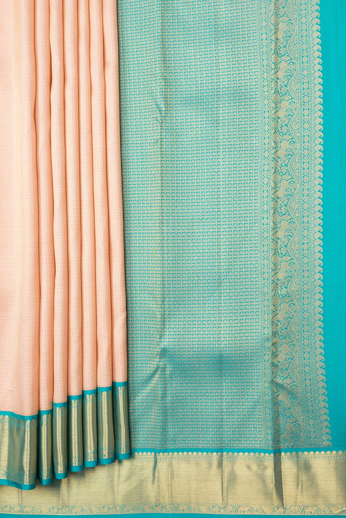 Pleats and pallu of Golden Peach Dual Tone Kanjivaram Silk Saree with Checked design on the body and Zari Border. 