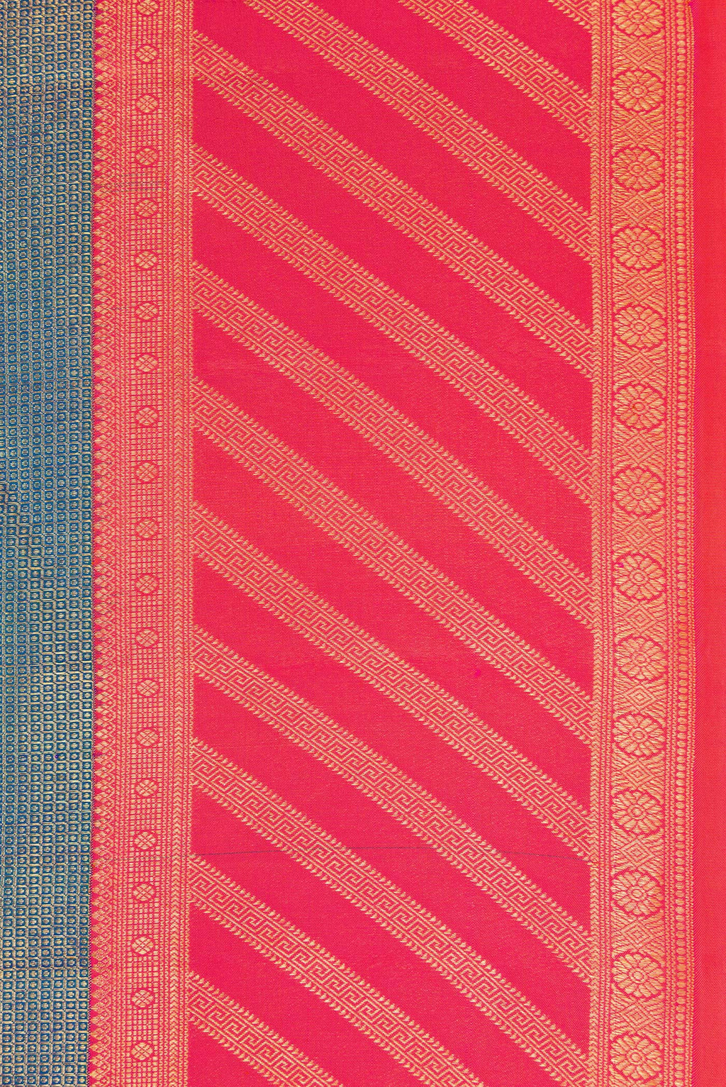 Border image of Peacock Blue Dual Tone Kanjivaram Silk Saree with Zari Brocade on the body and Fancy Border. 