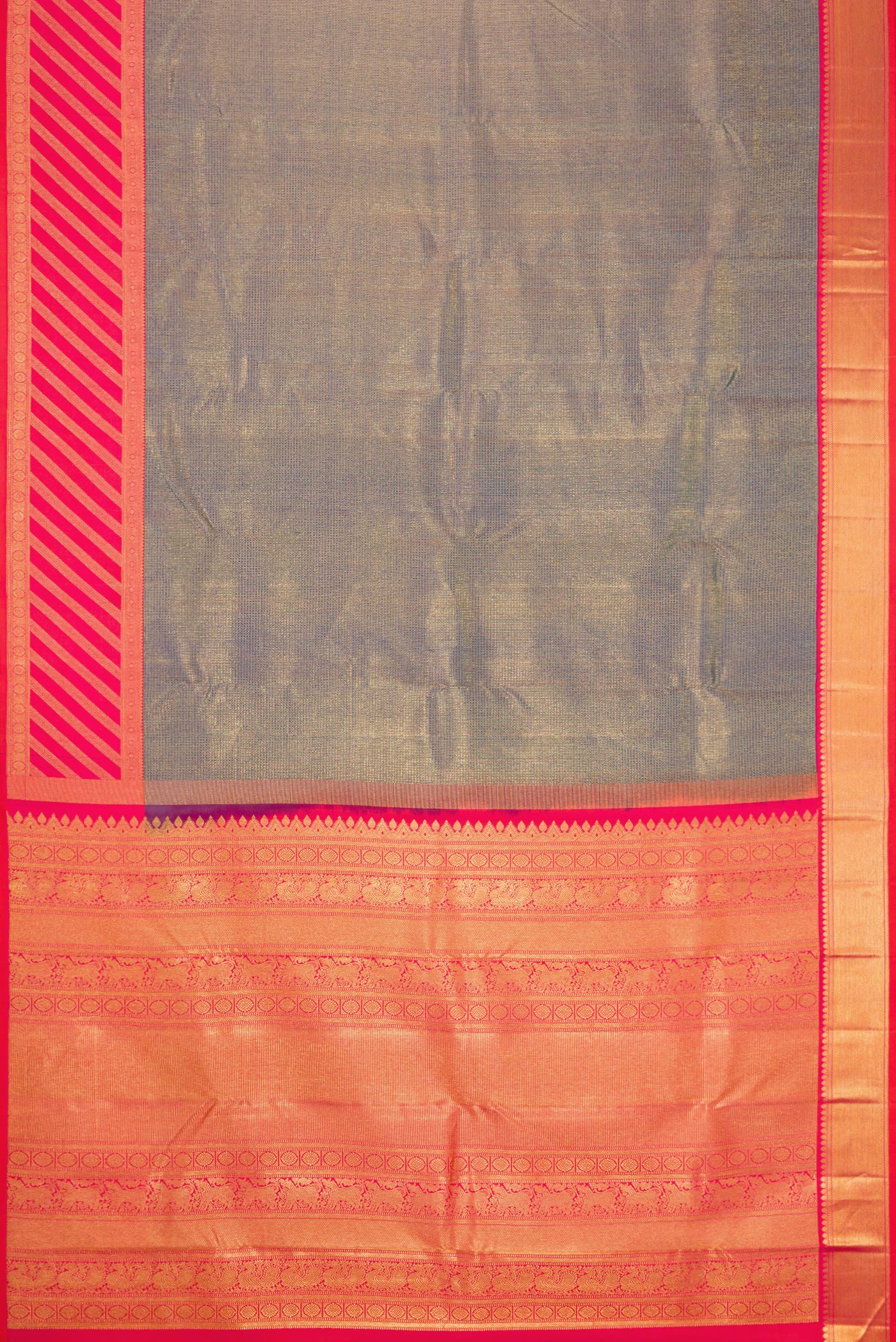 Flat view of Peacock Blue Dual Tone Kanjivaram Silk Saree with Zari Brocade on the body and Fancy Border. 