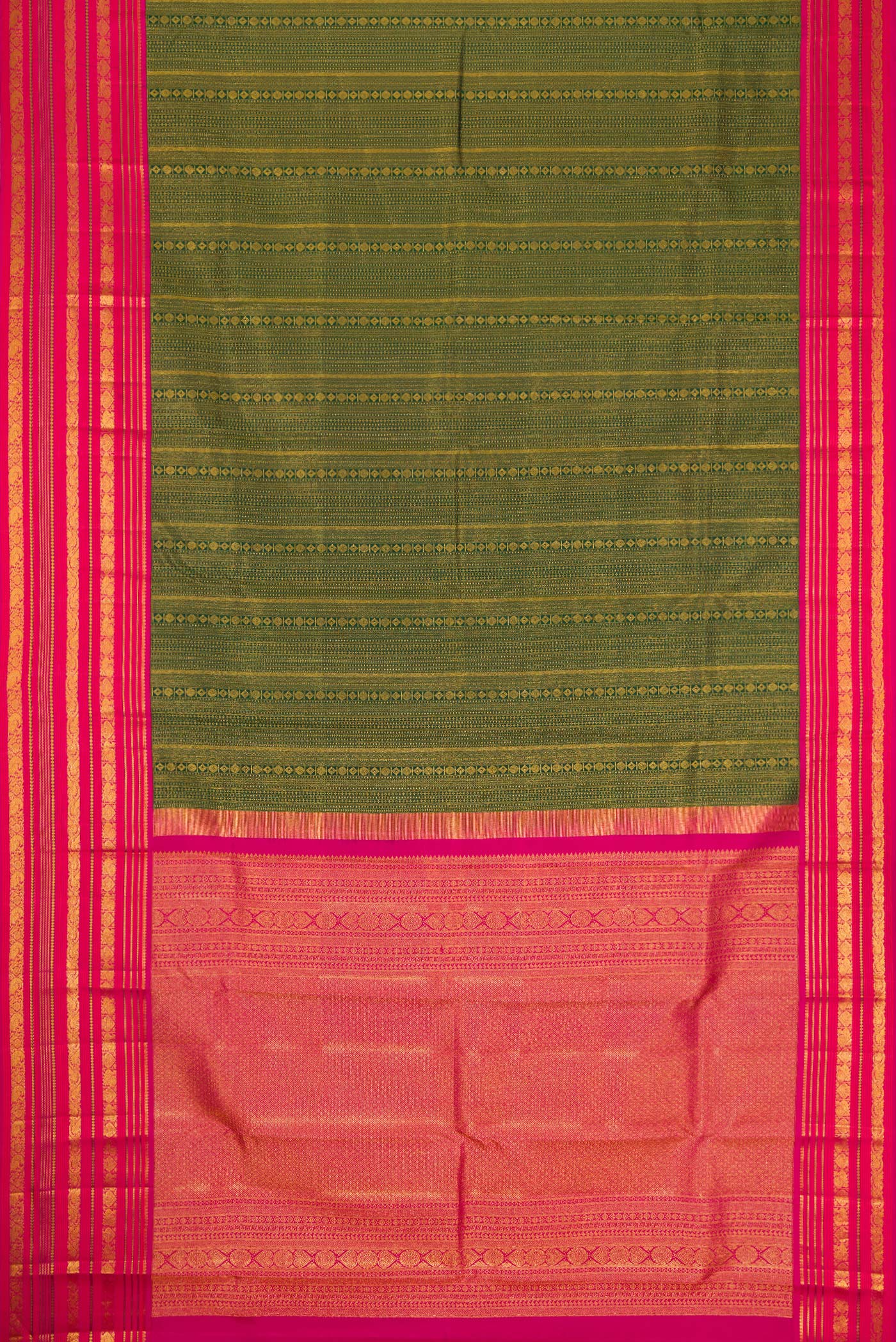 Flat view of Bottle Green Dual Tone Kanjivaram Silk Saree with Zari Brocade on the body and Zari Border. 