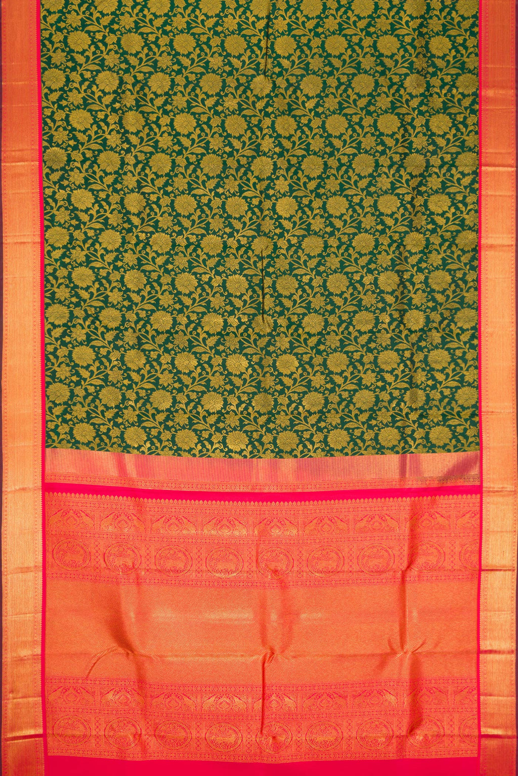 Flat view of Bottle Green Dual Tone Kanjivaram Silk Saree with Zari Brocade on the body and Zari Border. 