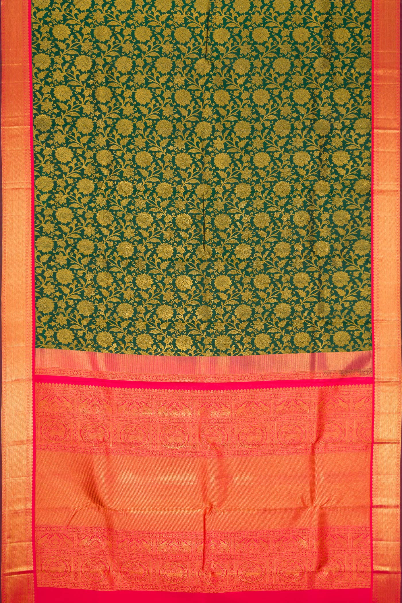 Flat view of Bottle Green Dual Tone Kanjivaram Silk Saree with Zari Brocade on the body and Zari Border. 