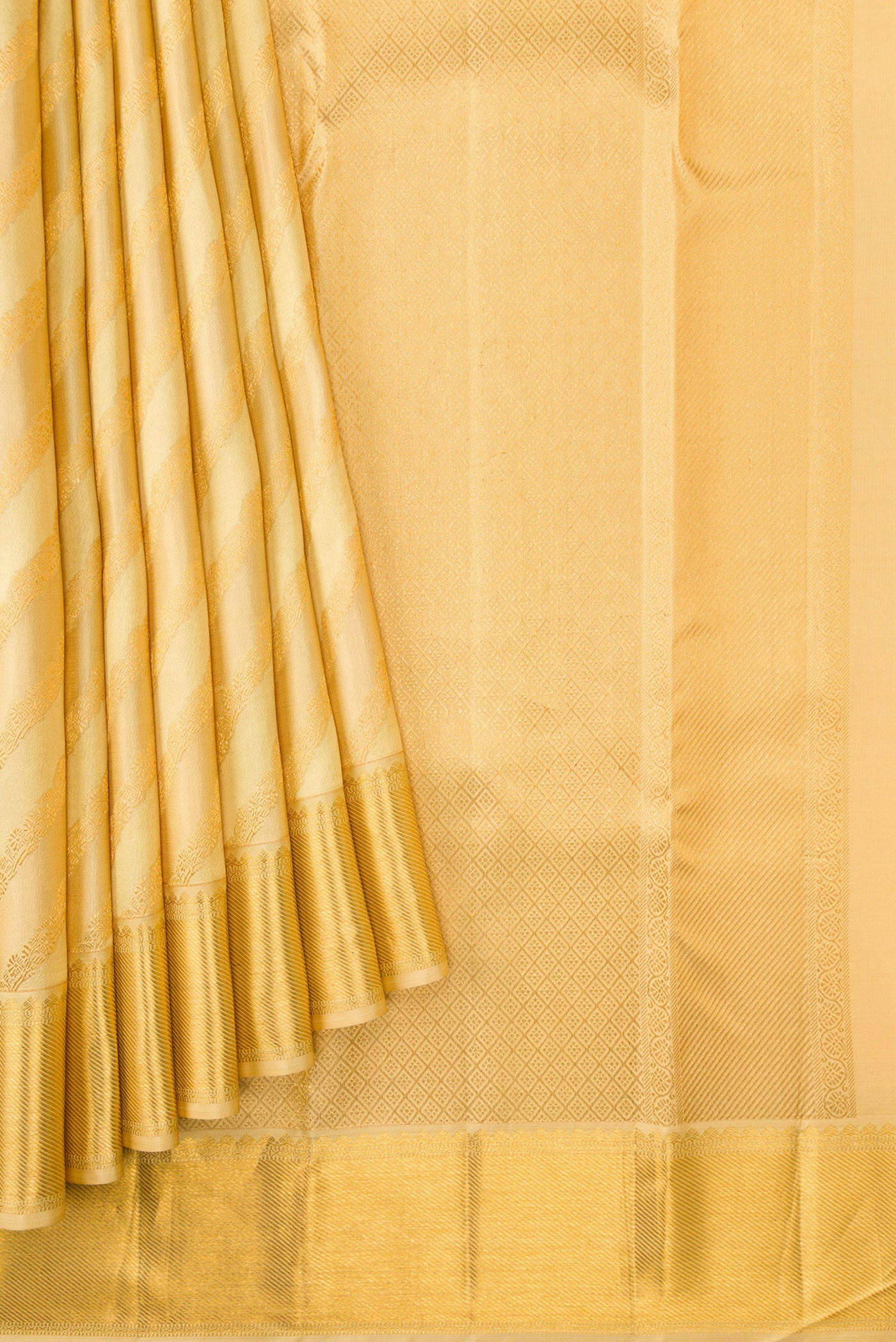 Pleats and pallu of Sandal Dual Tone Kanjivaram Silk Saree with Zari Brocade on the body and Zari Border. 
