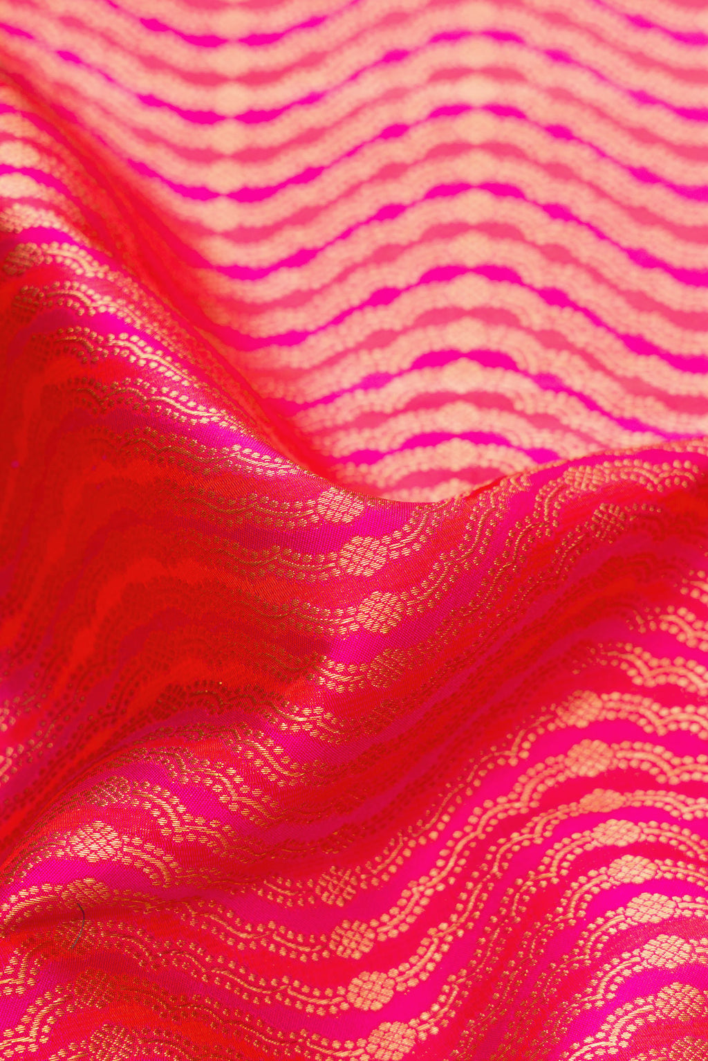 Close up of Pink Dual Tone Kanjivaram Silk Saree with Zari Brocade on the body and Zari Border.  displaying folds