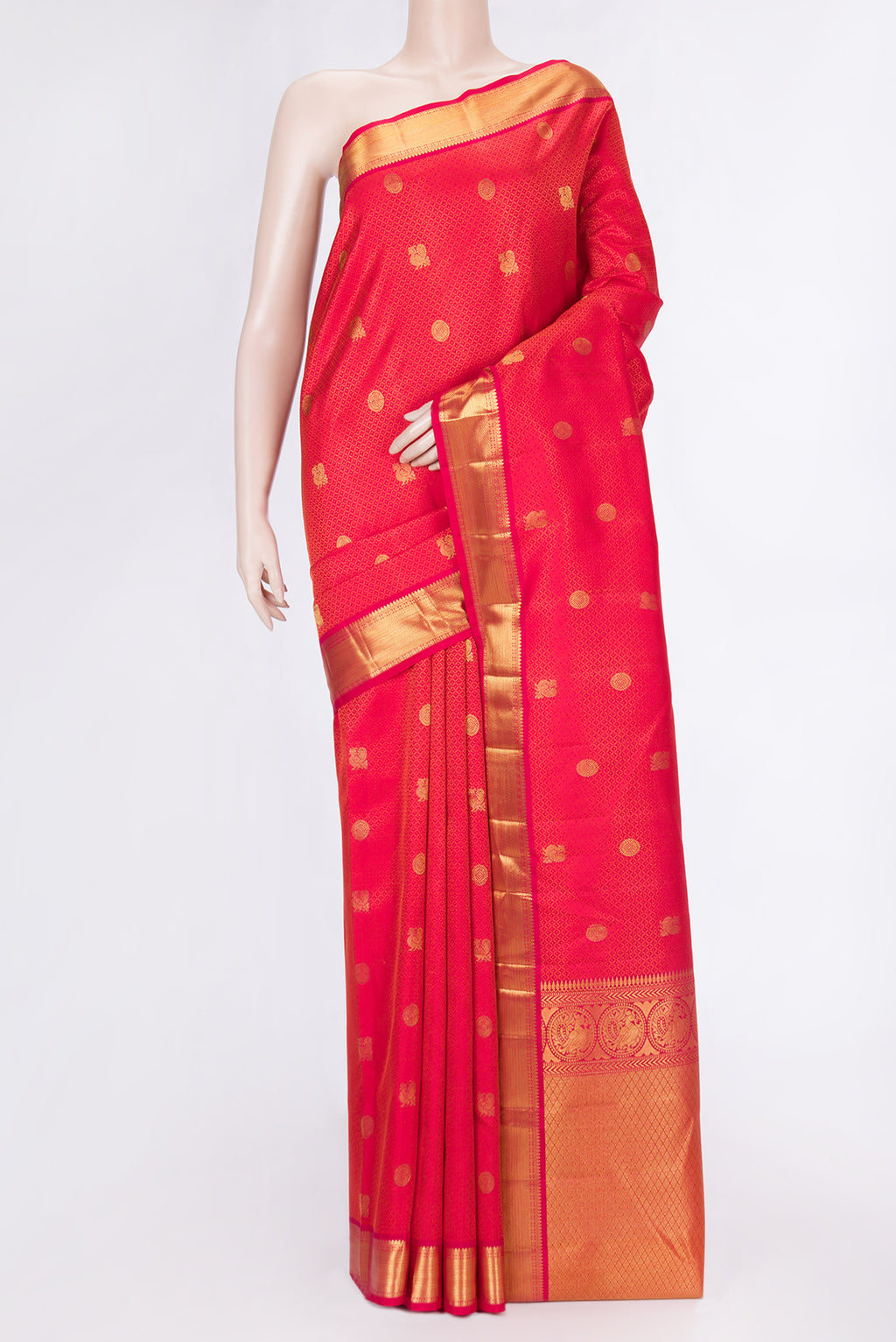 Red Dual Tone Kanchipuram Silk Saree with Jacquard With Zari Butta on the body and Zari Border.  displayed on a mannequin