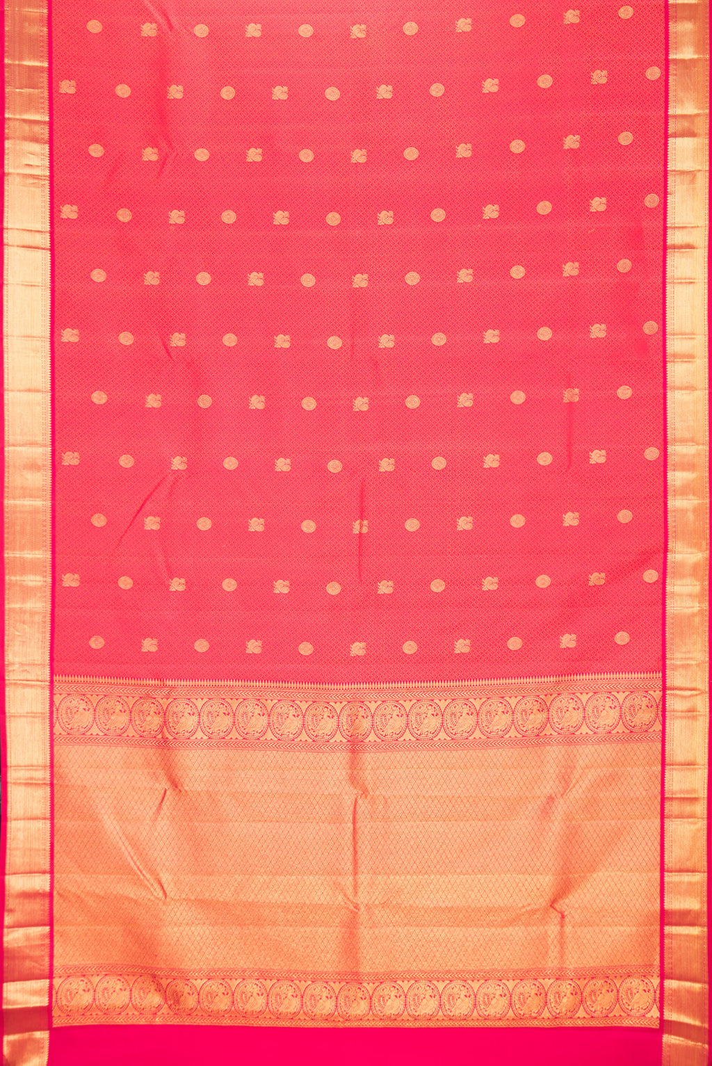 Flat view of Red Dual Tone Kanchipuram Silk Saree with Jacquard With Zari Butta on the body and Zari Border. 