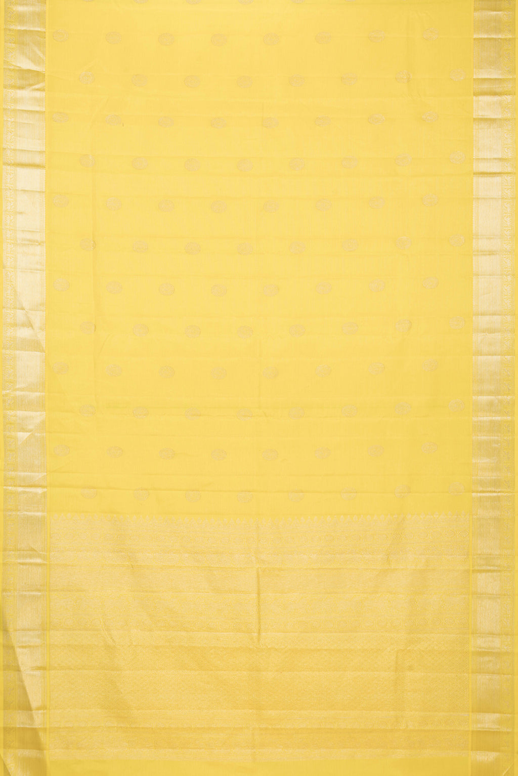 Flat view of Yellow Dual Tone Kanchipuram Silk Saree with Zari Butta on the body and Zari Border. 