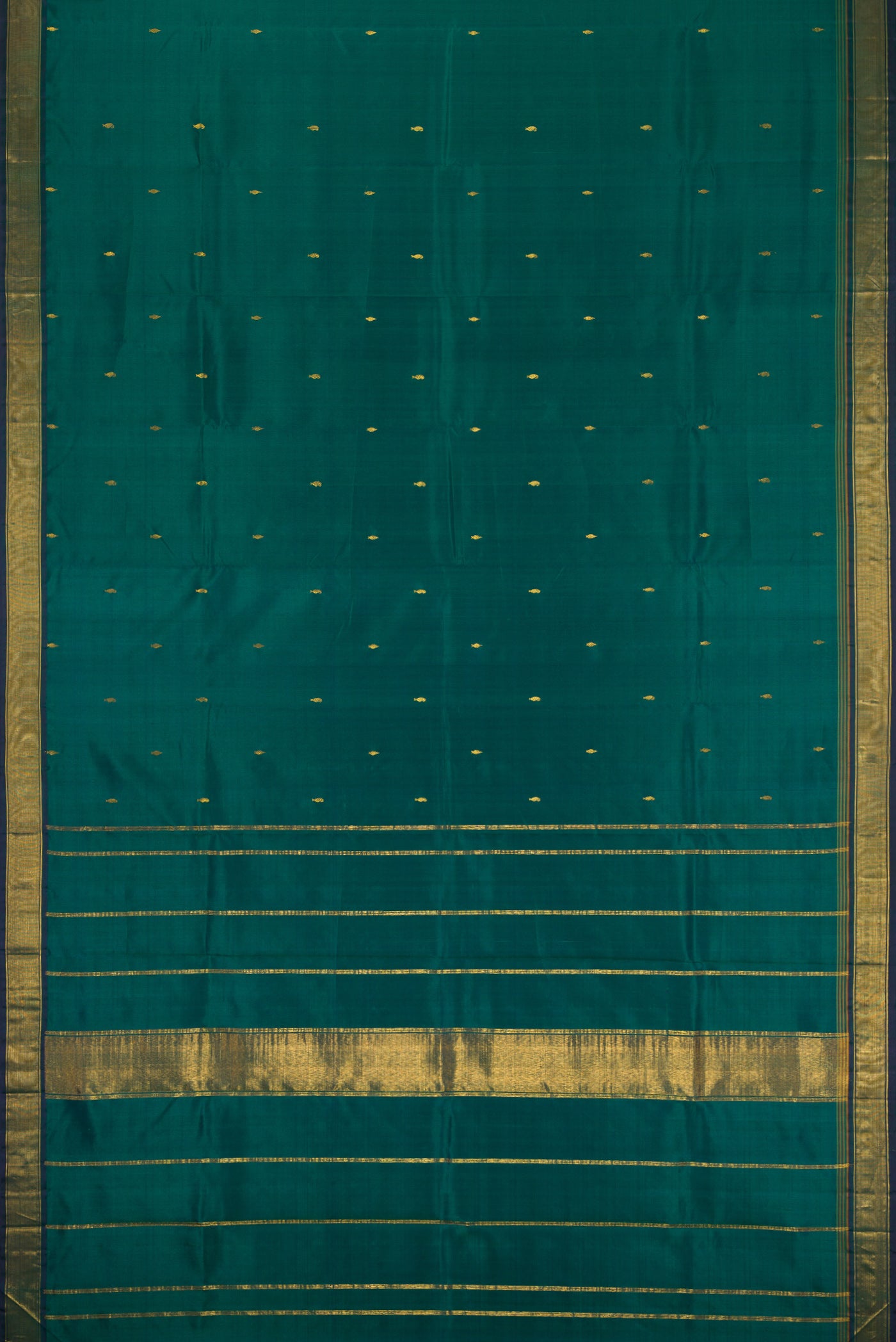 Flat view of Bottle Green Kanchipuram Silk Saree with Zari Butta on the body and Zari Border. 