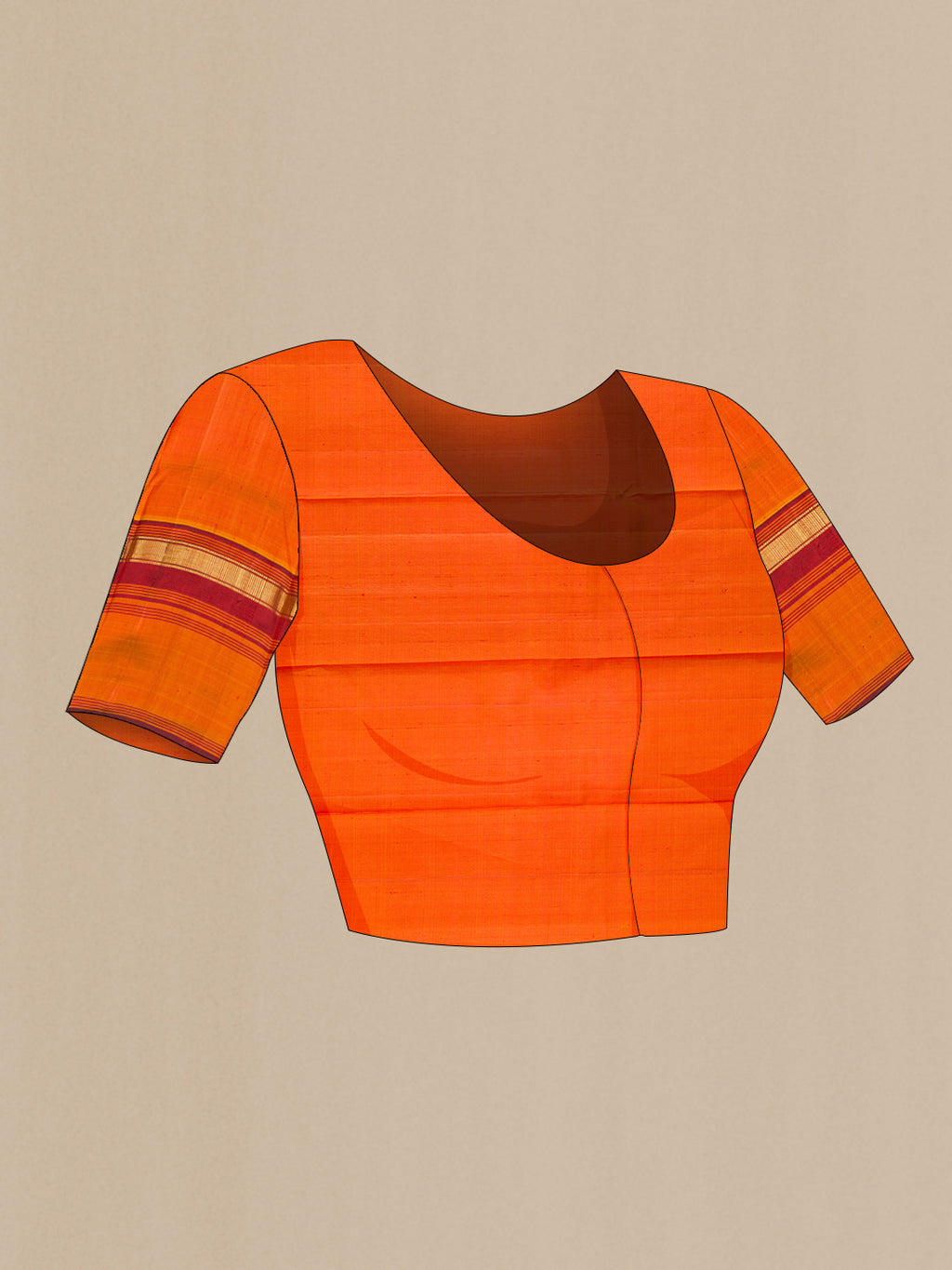 Close up image of the blouse of Red Kanchipuram Silk Saree with Zari Butta on the body and Zari Border. 