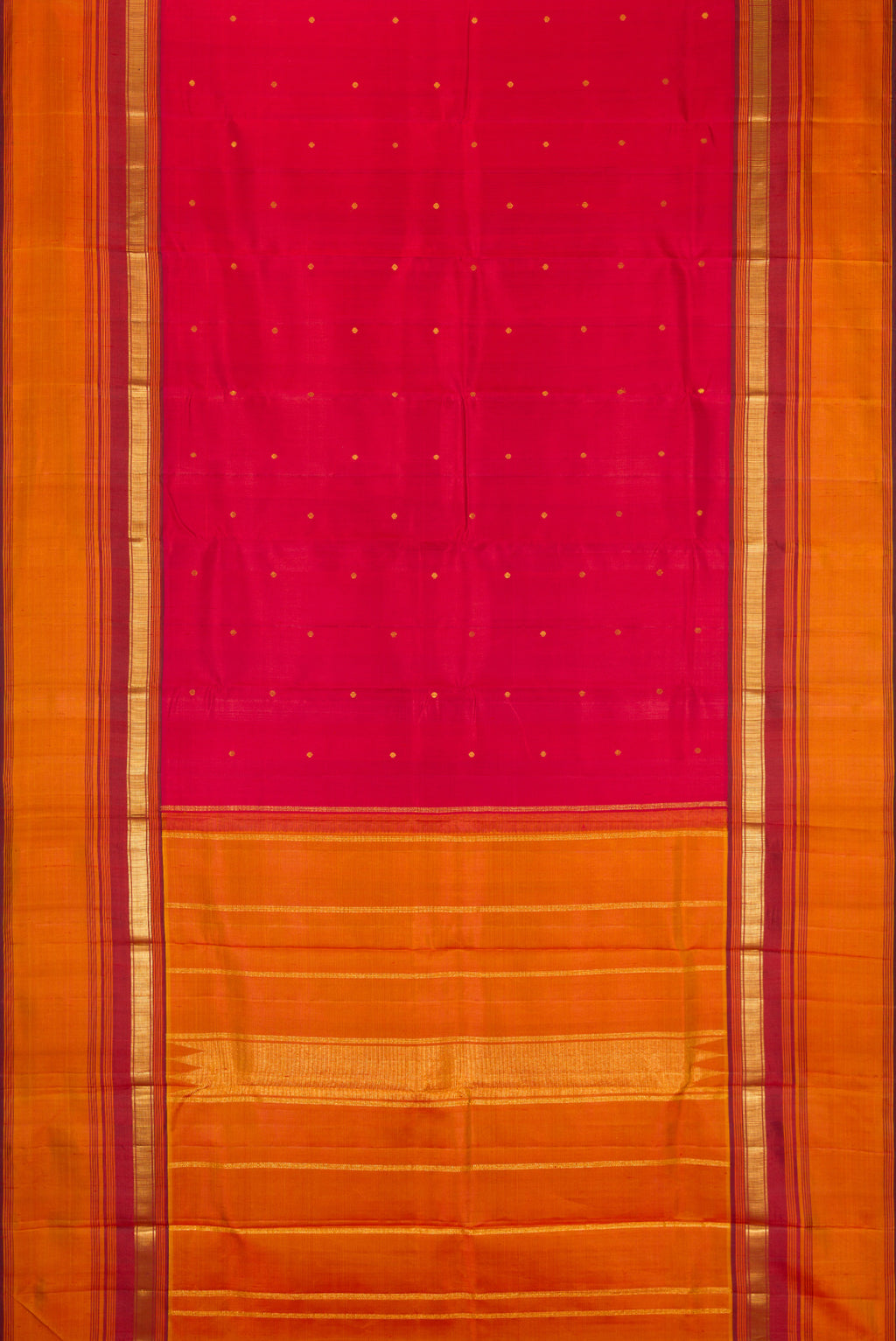 Flat view of Red Kanchipuram Silk Saree with Zari Butta on the body and Zari Border. 