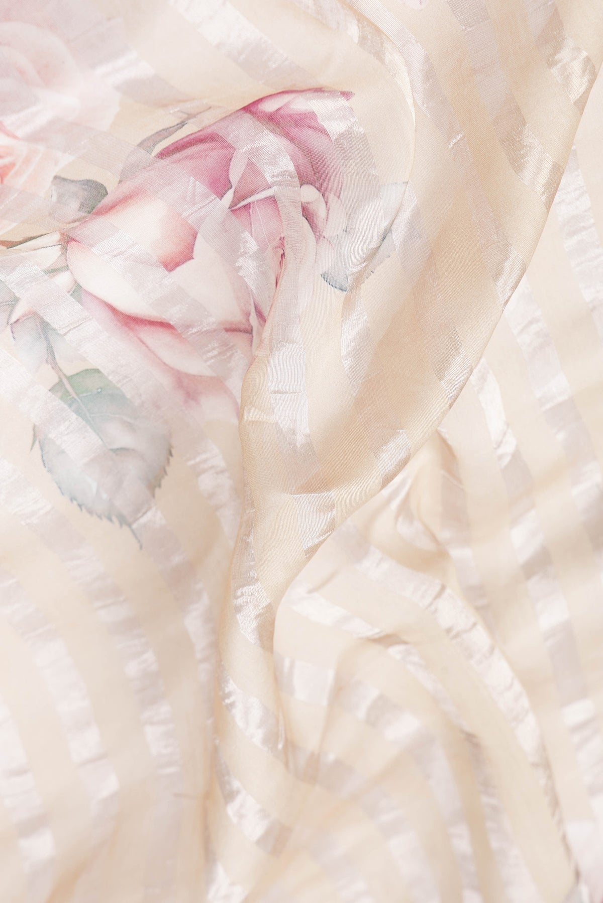 Close up of Beige Dual Tone Organza Silk Saree with Stripes on the body and Without Border.  displaying folds