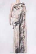 Beige Dual Tone Organza Silk Saree with Stripes on the body and Without Border.  displayed on a mannequin