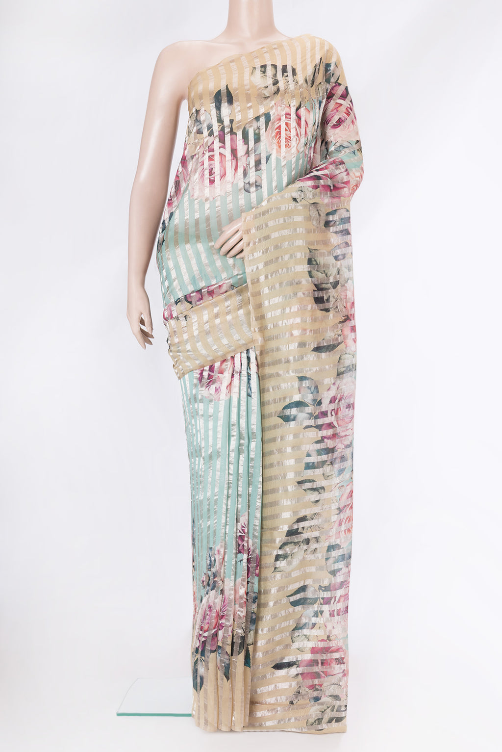 Sky Blue Dual Tone Organza Silk Saree with Stripes on the body and Fancy Border.  displayed on a mannequin