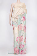 Beige and Green Color Organza Silk Saree with Stripes on the body and Without Border.  displayed on a mannequin