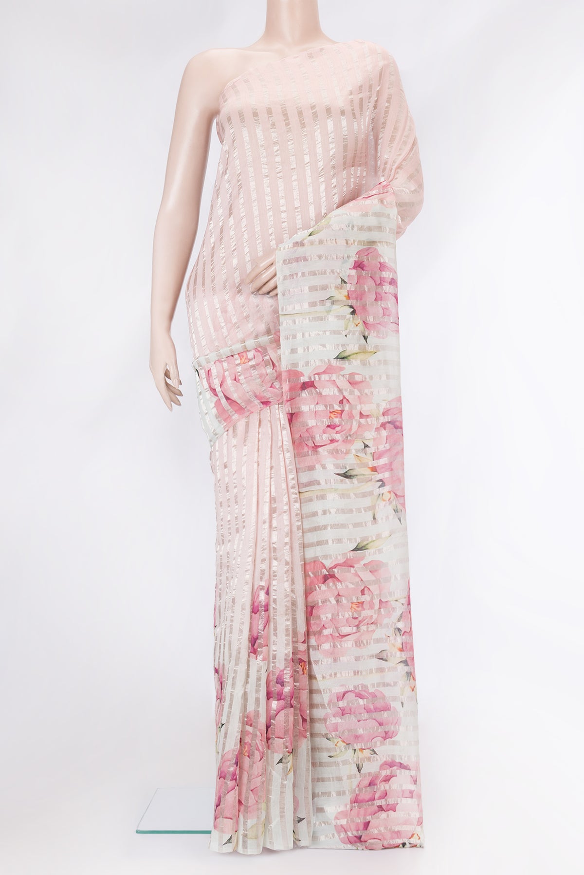 Multi Color Tussar Silk Saree with Stripes on the body and Zari Border.  displayed on a mannequin