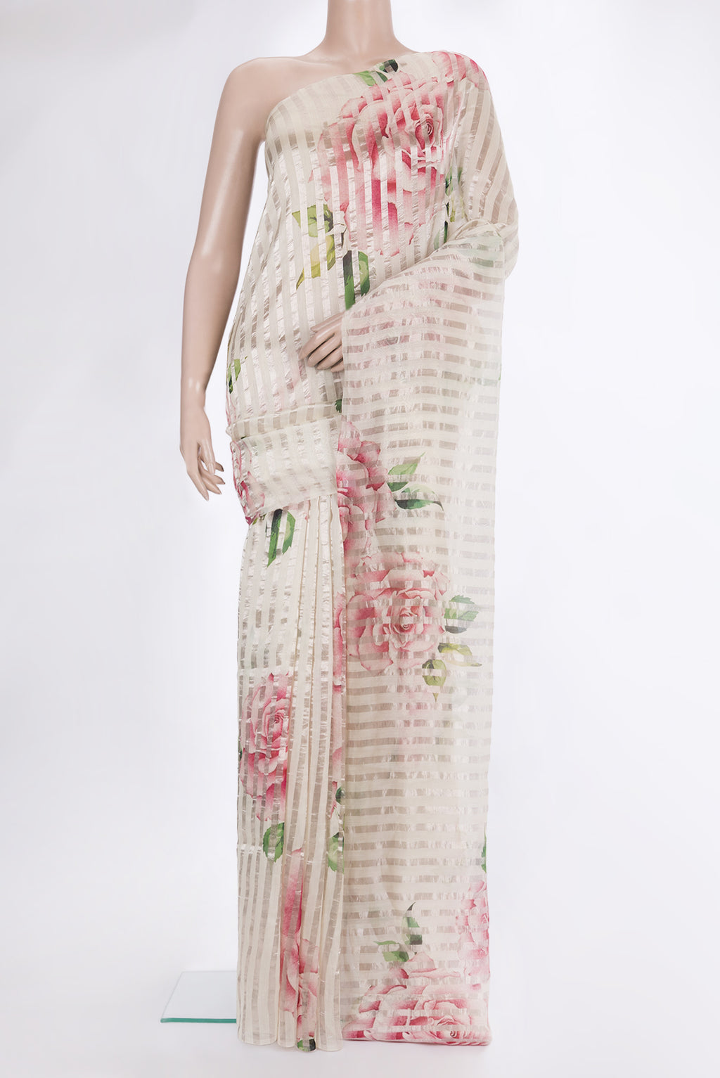 Pure Silk Off White Dual Tone Tussar Saree with Printed design on the body and Without Border.  displayed on a mannequin