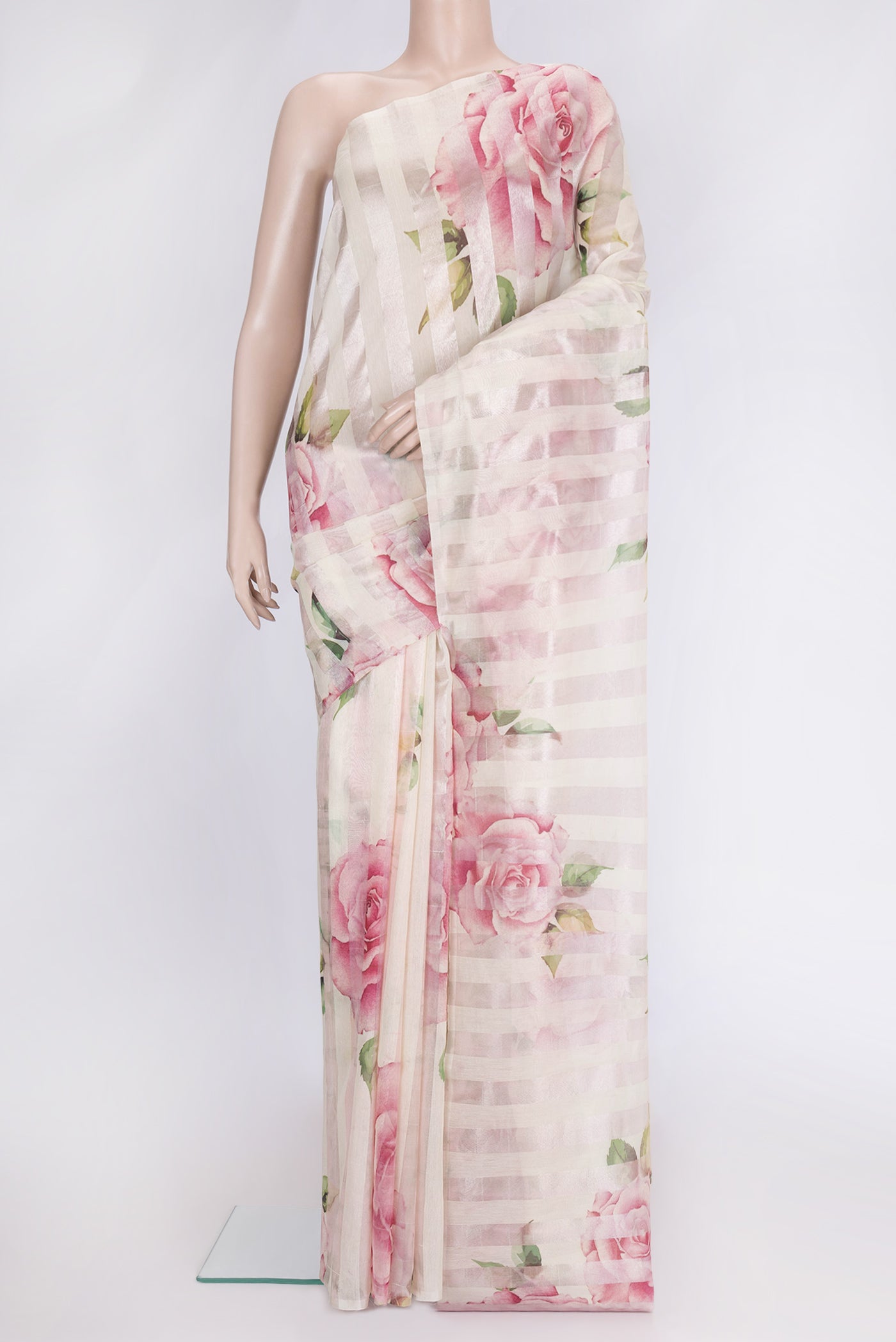 Pink and Off White Color Organza Silk Saree with Stripes on the body and Without Border.  displayed on a mannequin