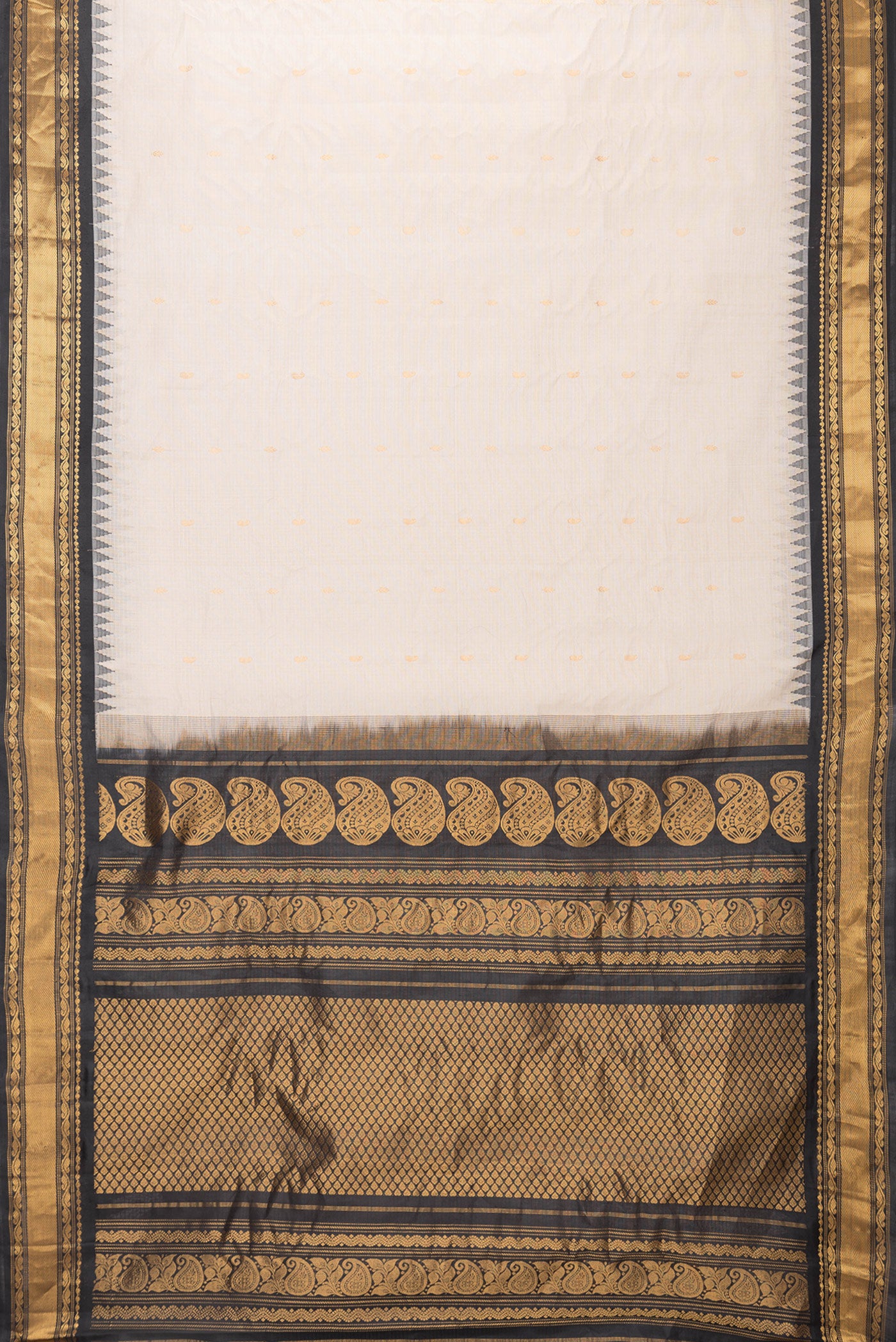 Flat view of Beige Dual Tone Gadwal Silk Saree with Zari Butta on the body and Zari Border. 