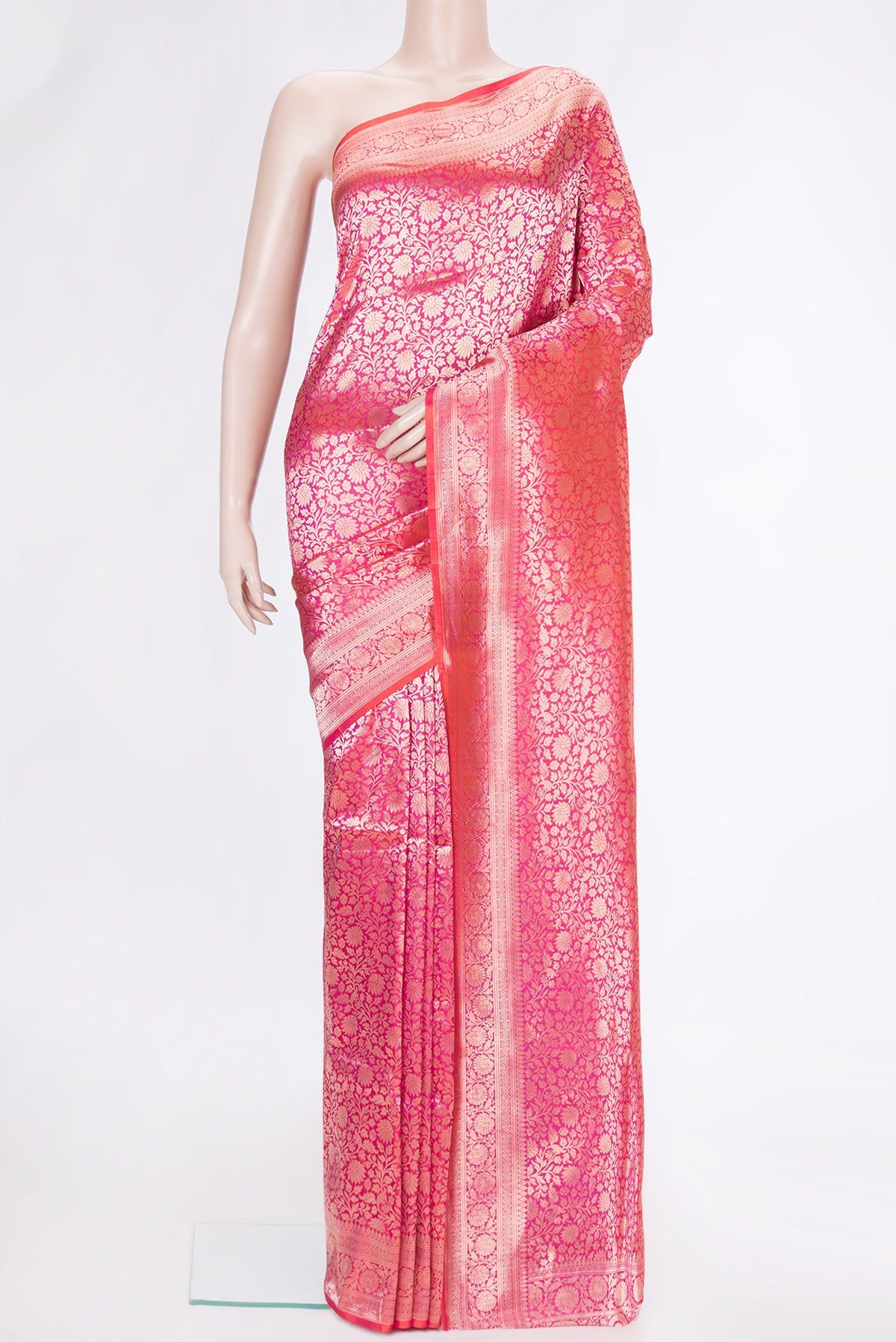 Pink Dual Tone Banarasi Silk Saree with Zari Brocade on the body and Zari Border.  displayed on a mannequin