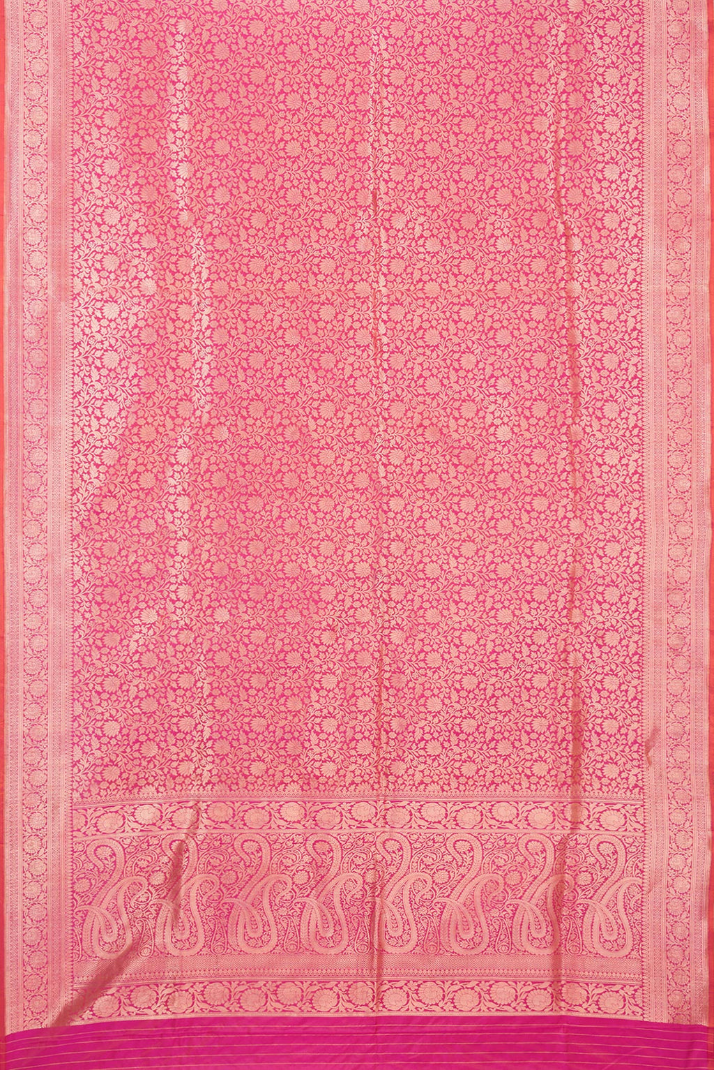 Flat view of Pink Dual Tone Banarasi Silk Saree with Zari Brocade on the body and Zari Border. 