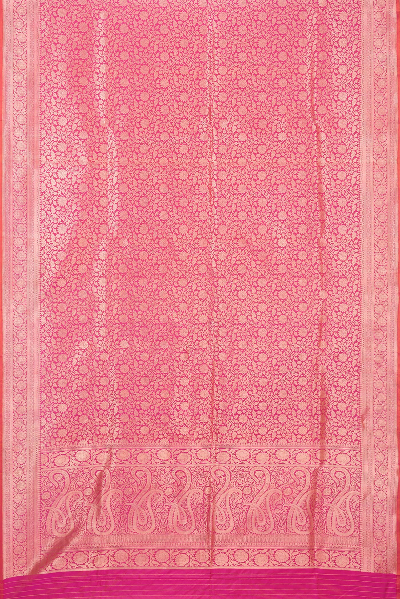 Flat view of Pink Dual Tone Banarasi Silk Saree with Zari Brocade on the body and Zari Border. 