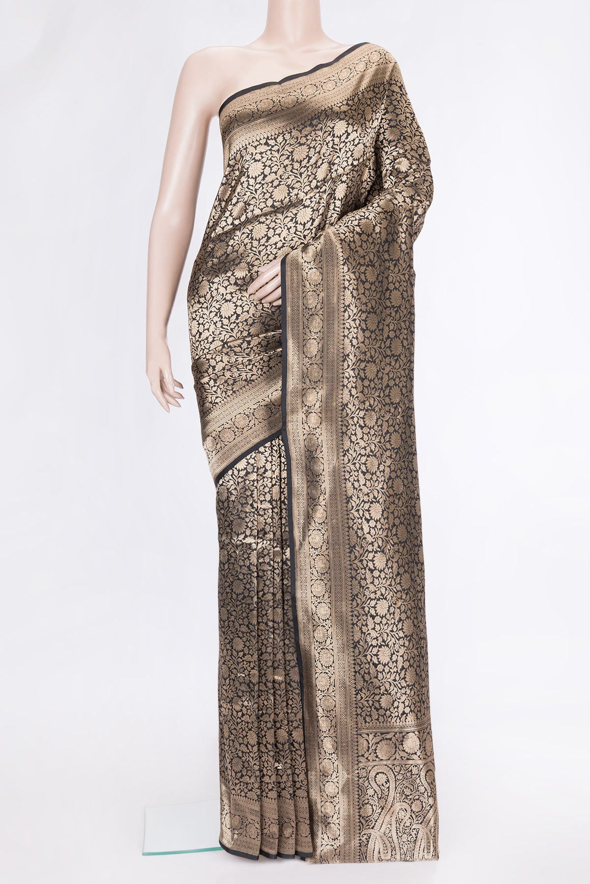 Black Dual Tone Banarasi Silk Saree with Zari Brocade on the body and Zari Border.  displayed on a mannequin