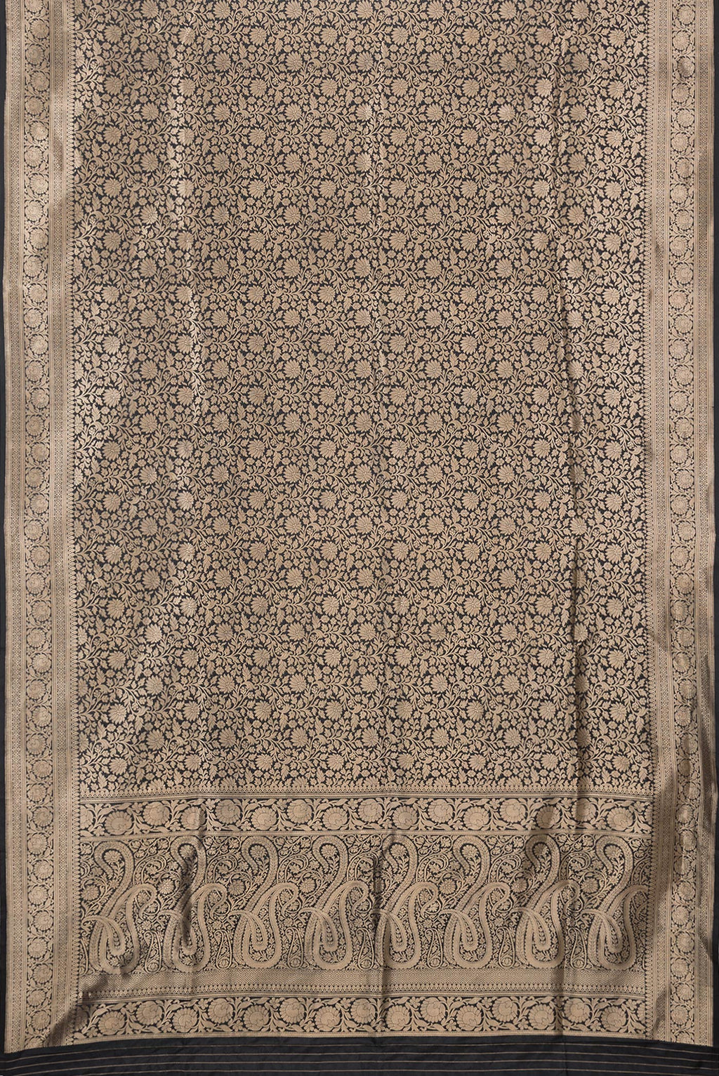 Flat view of Black Dual Tone Banarasi Silk Saree with Zari Brocade on the body and Zari Border. 