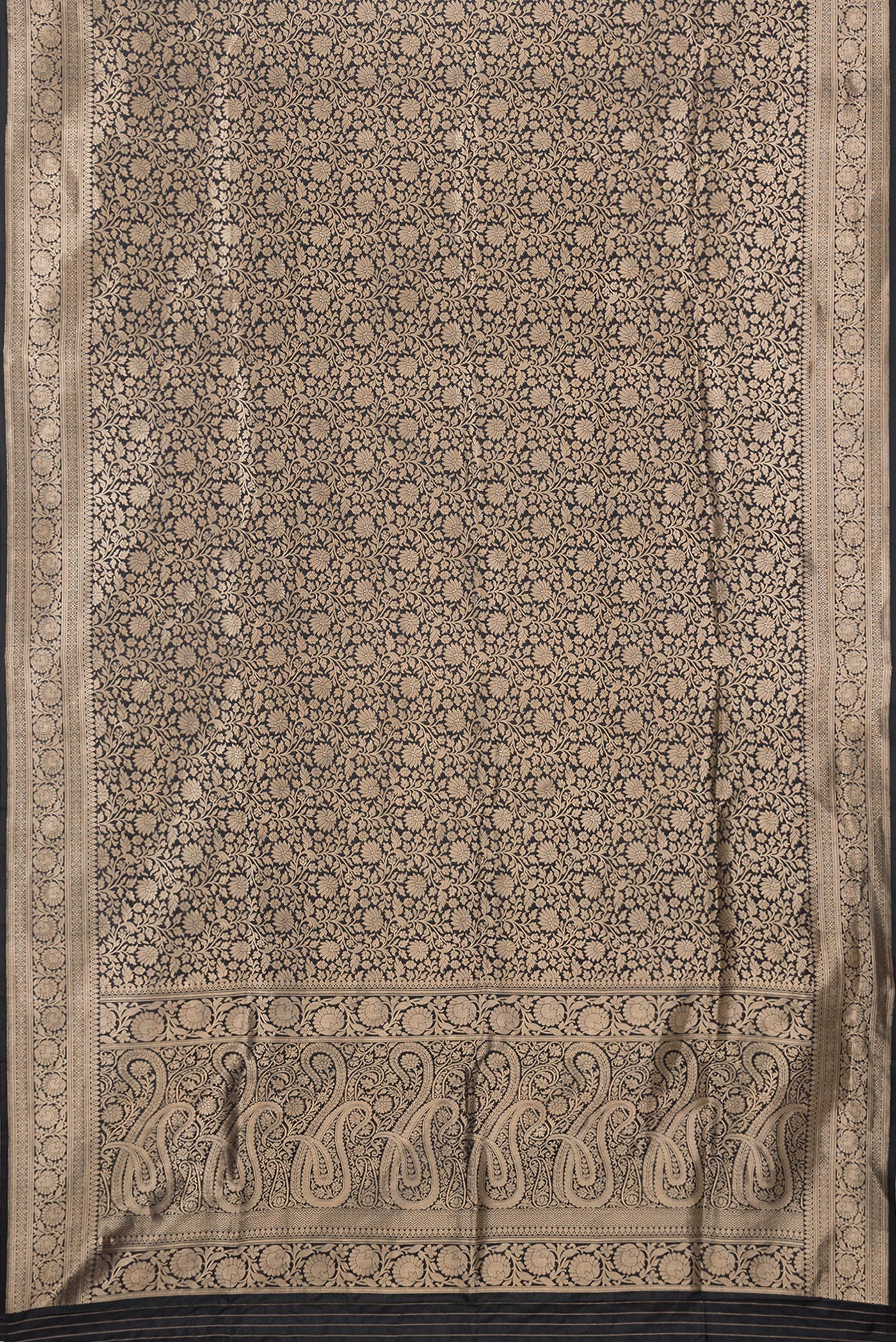 Flat view of Black Dual Tone Banarasi Silk Saree with Zari Brocade on the body and Zari Border. 