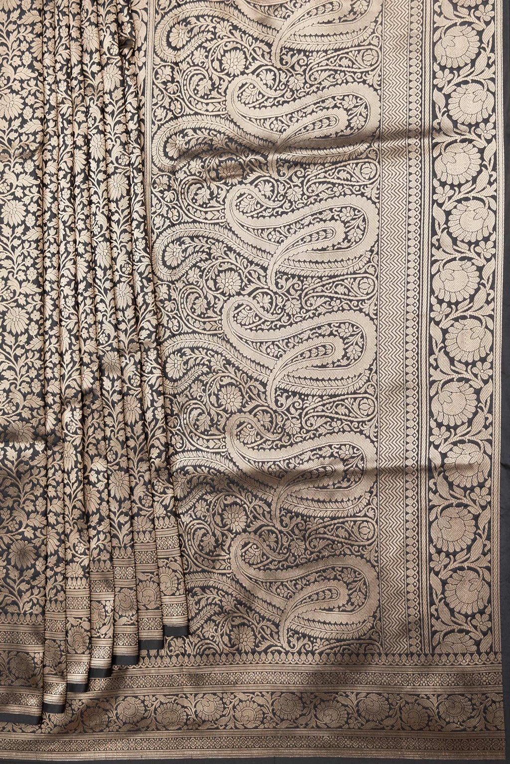 Pleats and pallu of Black Dual Tone Banarasi Silk Saree with Zari Brocade on the body and Zari Border. 