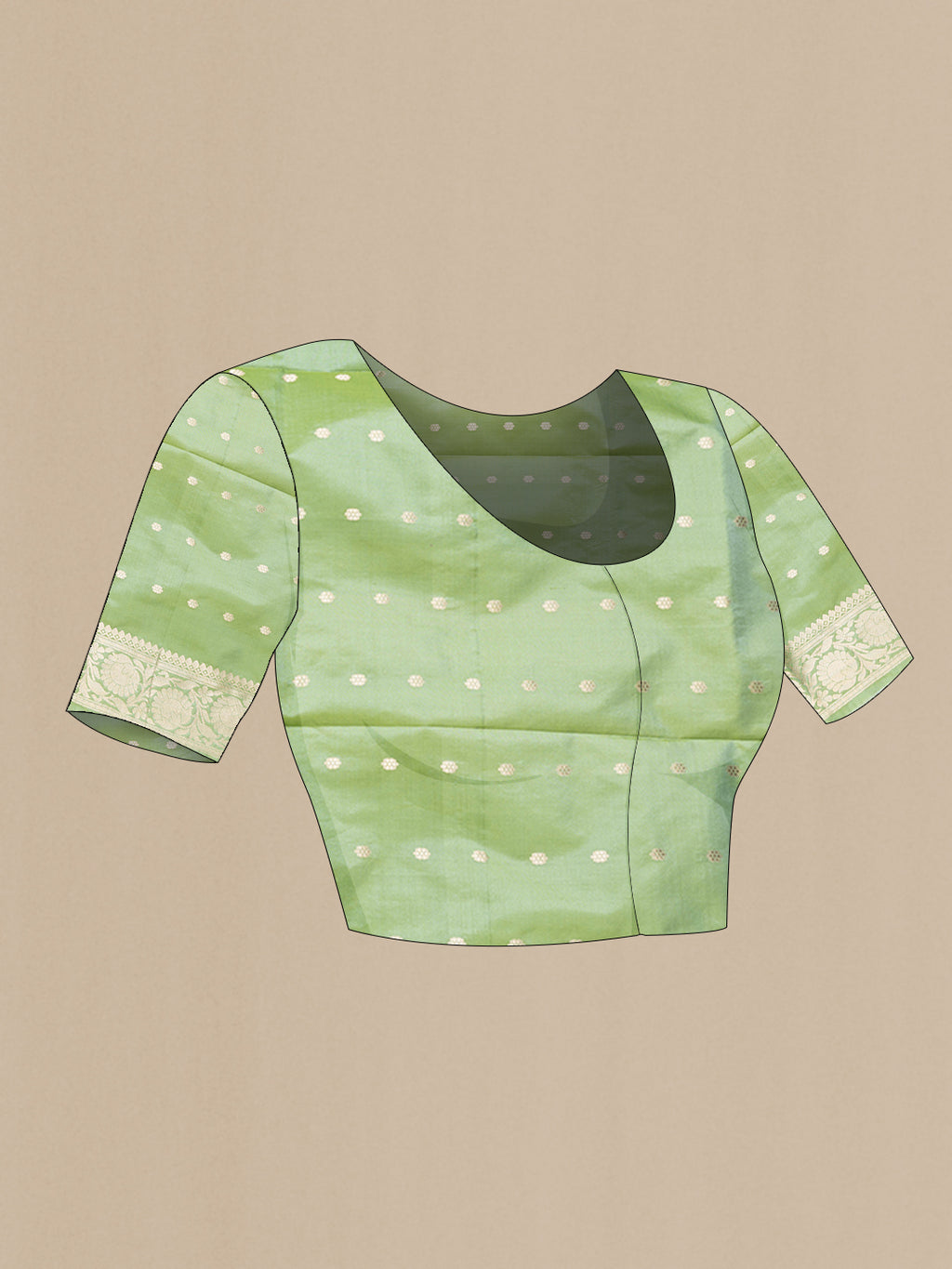Close up image of the blouse of Sea Green Dual Tone Banarasi Silk Saree with Zari Brocade on the body and Zari Border. 