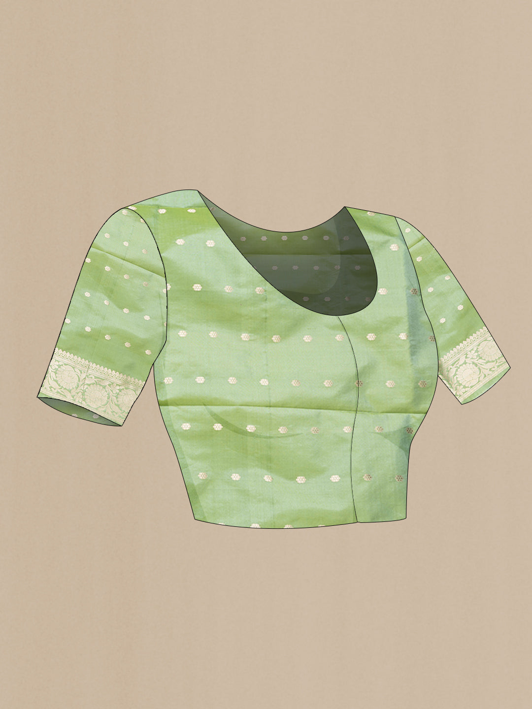 Close up image of the blouse of Sea Green Dual Tone Banarasi Silk Saree with Zari Brocade on the body and Zari Border. 