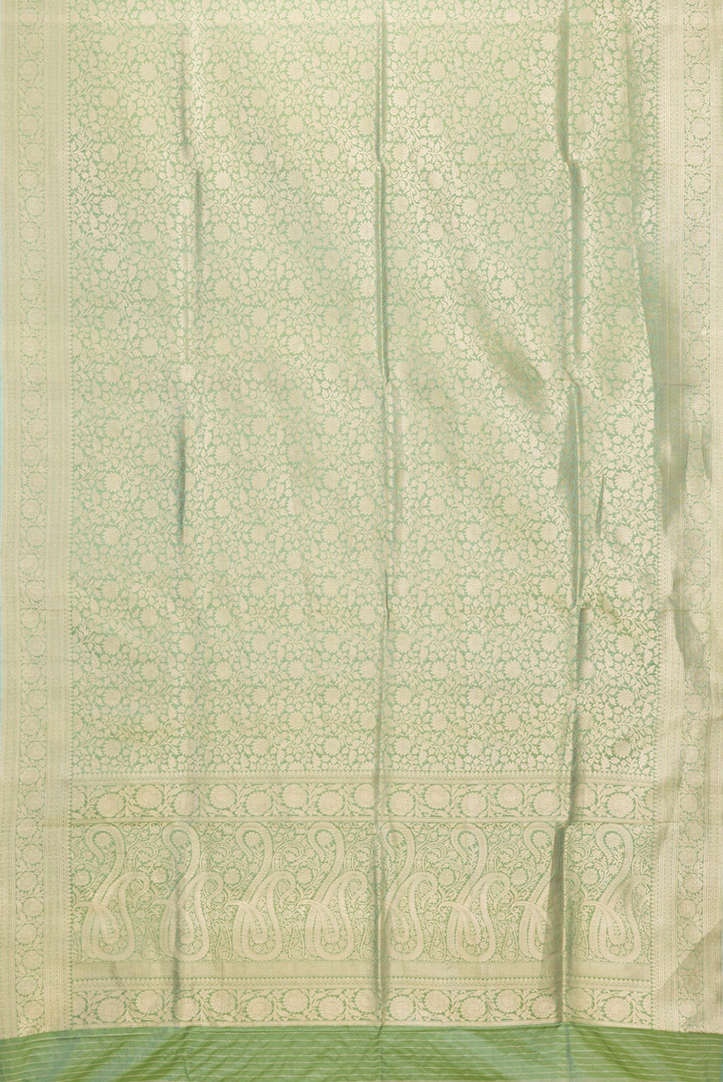 Flat view of Sea Green Dual Tone Banarasi Silk Saree with Zari Brocade on the body and Zari Border. 