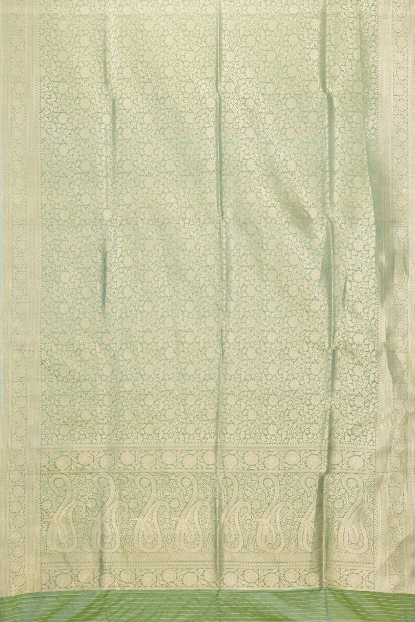Flat view of Sea Green Dual Tone Banarasi Silk Saree with Zari Brocade on the body and Zari Border. 