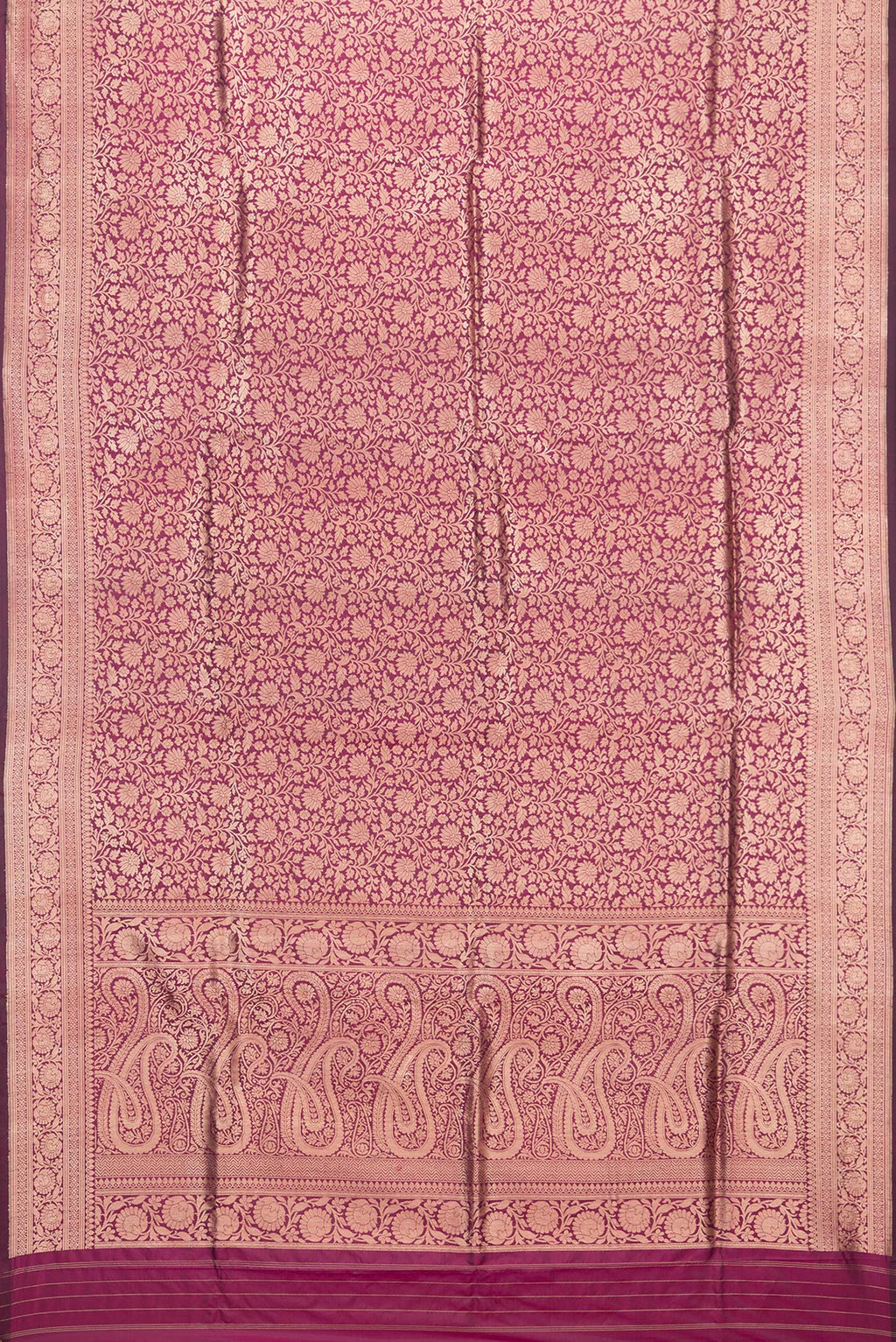 Flat view of Pure Silk Burgundy Dual Tone Banarasi Saree with Zari Brocade on the body and Zari Border. 