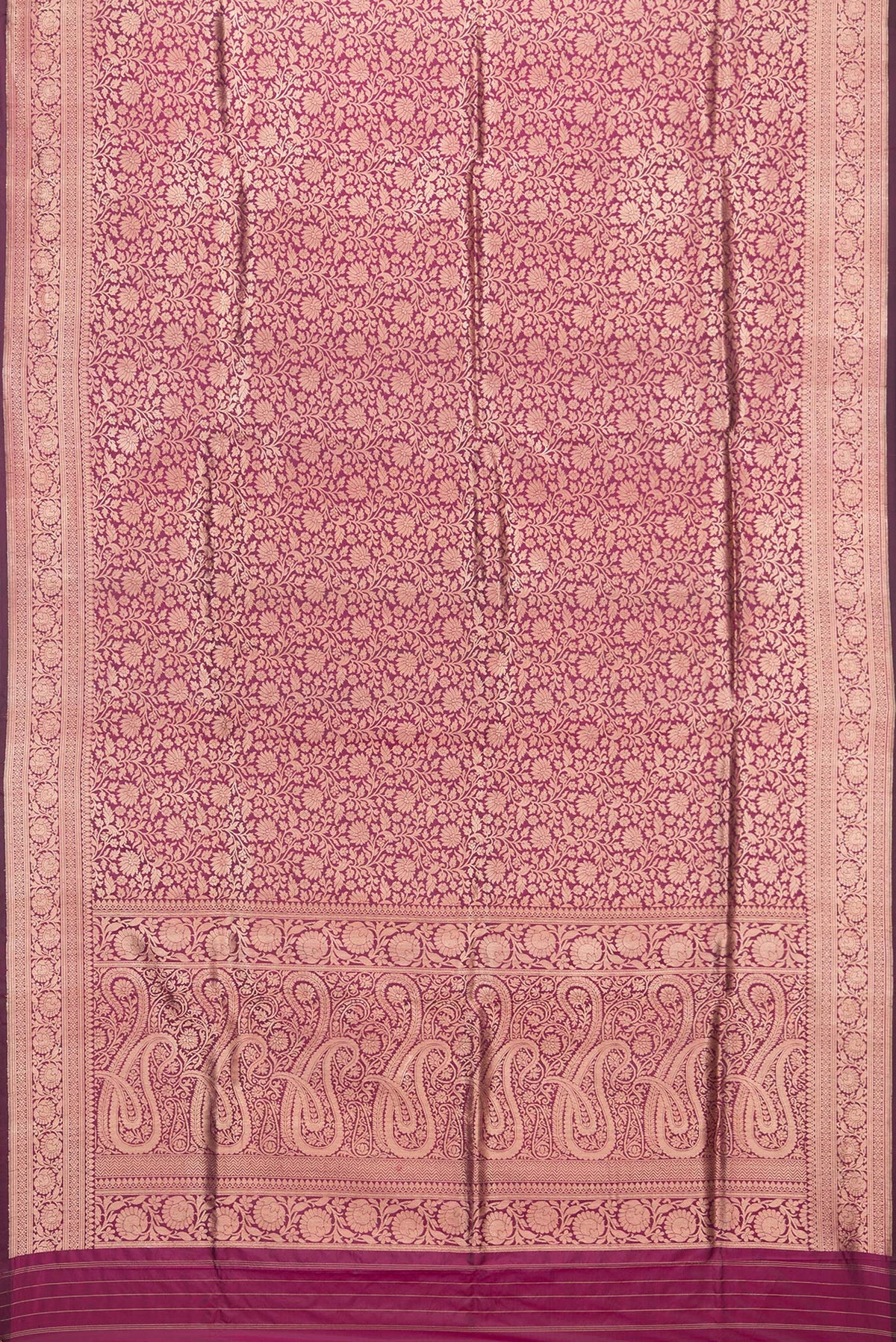 Flat view of Pure Silk Burgundy Dual Tone Banarasi Saree with Zari Brocade on the body and Zari Border. 