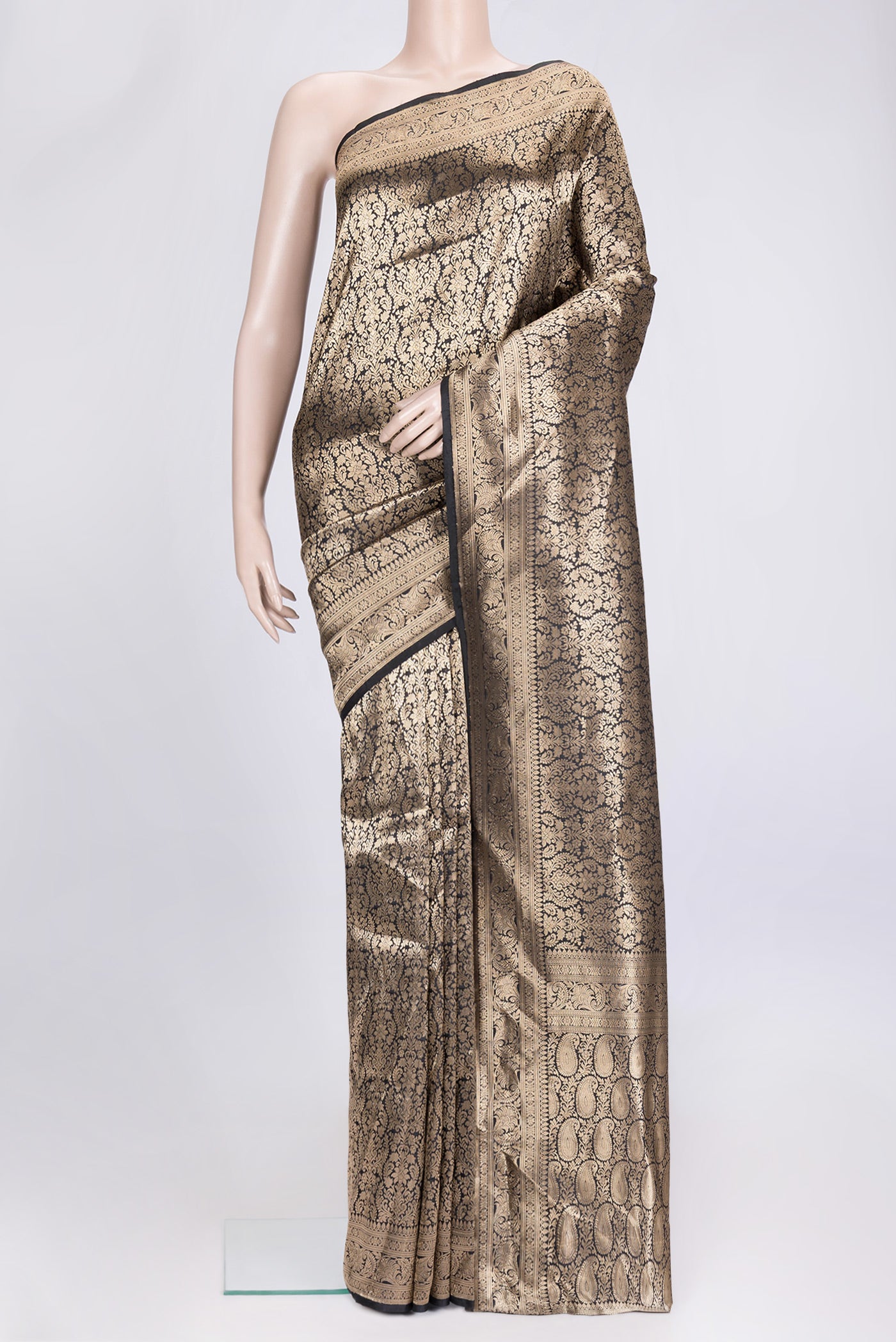 Black Dual Tone Banarasi Silk Saree with Zari Brocade on the body and Zari Border.  displayed on a mannequin