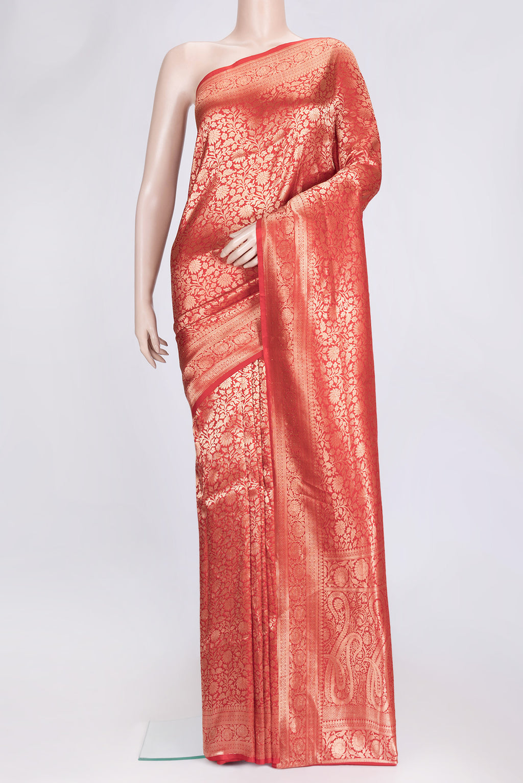 Red Dual Tone Banarasi Silk Saree with Zari Brocade on the body and Zari Border.  displayed on a mannequin